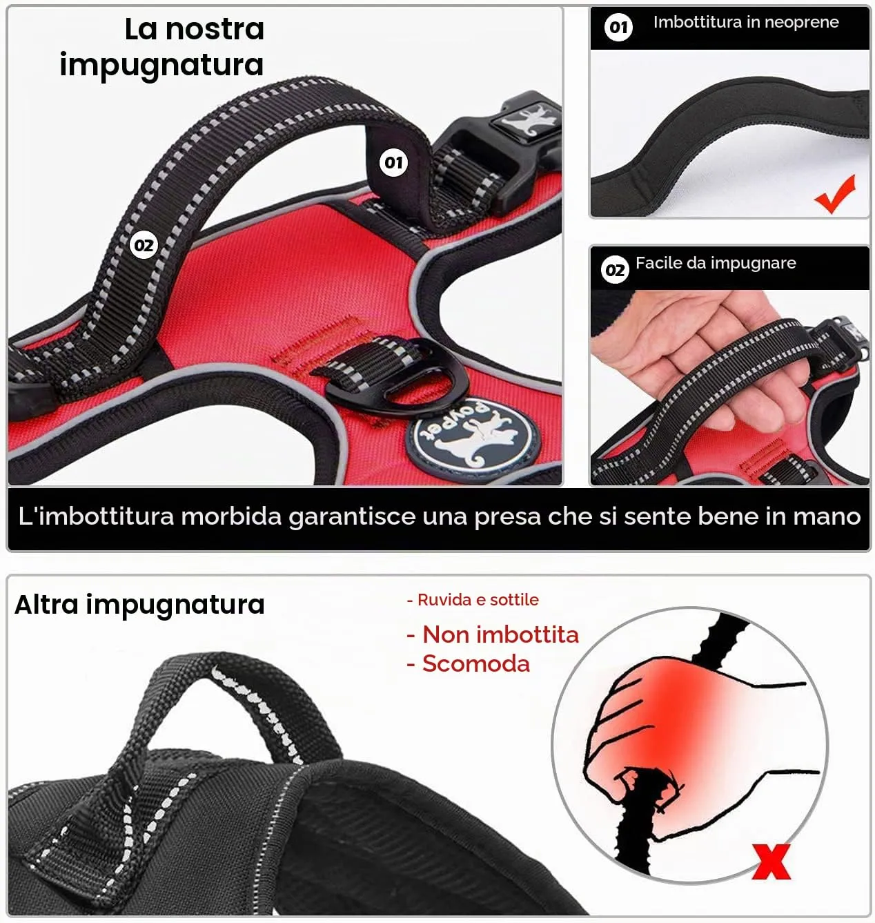 PoyPet Imbracatura per cani anti-trazione anteriore riflettente con impugnatura, Taglia M, Rosso - immagine 4