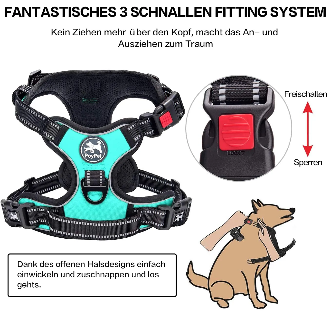 PoyPet Pettorina Anti-trazione Riflettente Frontale per Cani, Blu Menta, L - immagine 3