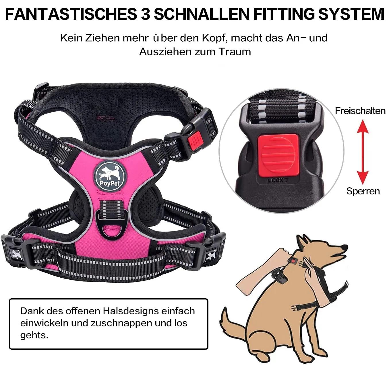 PoyPet Pettorina anti-trazione per cani riflettente con impugnatura, Rosa, XL - immagine 3