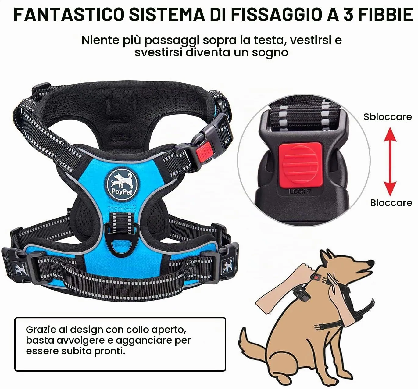 PoyPet Pettorina anti-trazione per cani riflettente, Blu, M - immagine 2