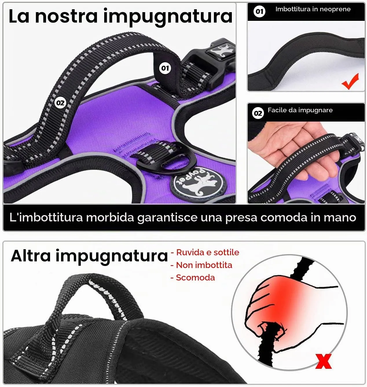 PoyPet Pettorina Riflettente per Cani con Maniglia di Controllo (Viola, M) - immagine 3