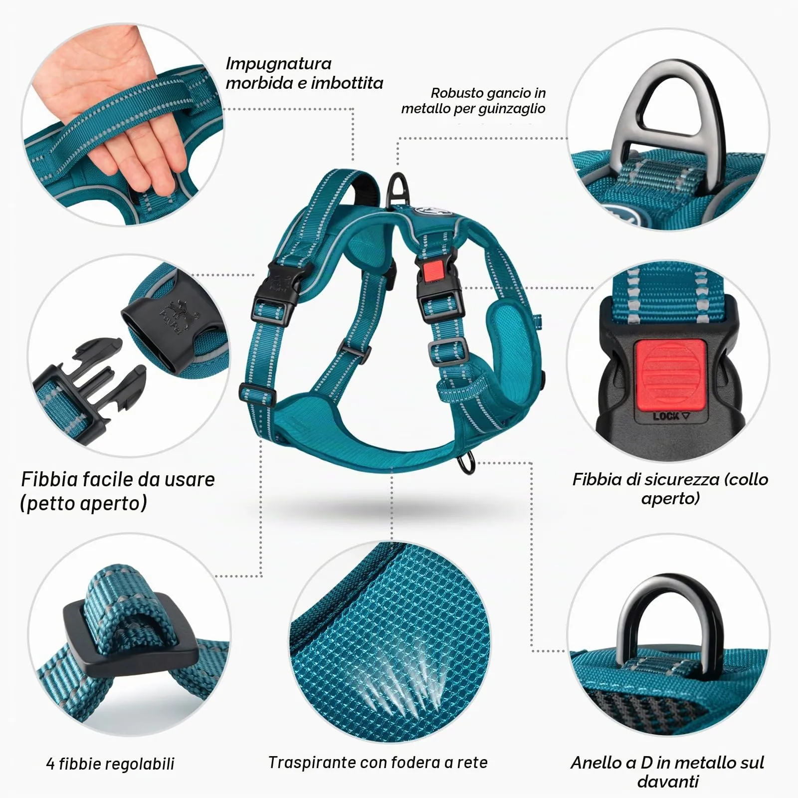 PoyPet Imbracatura No Pull Riflettente per Cani, Gilet Regolabile e Imbottito con Impugnatura Easy Control (Tumalo Teal, XL) - immagine 4