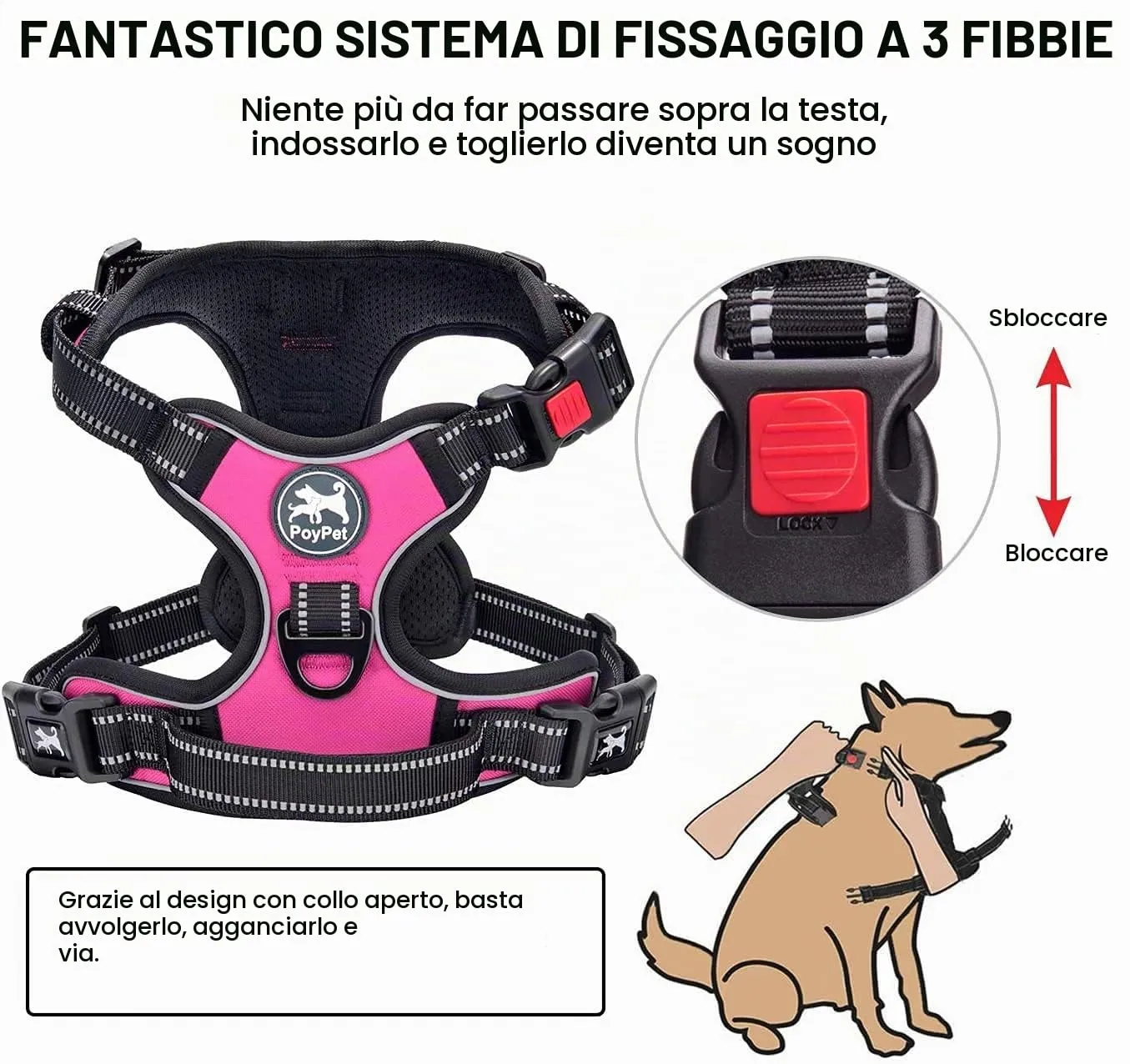 PoyPet Pettorina per Cani Riflettente e Regolabile con Maniglia Easy Control, Rosa, XS - immagine 3