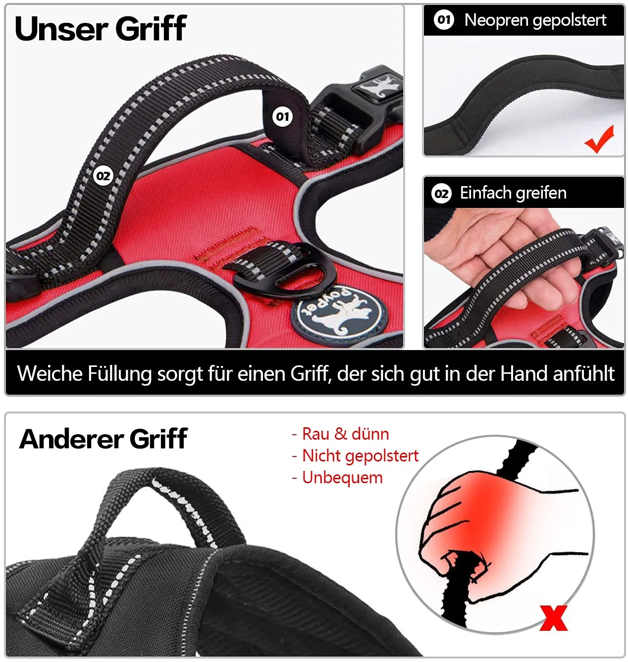 PoyPet Pettorina per cani senza tirare, riflettente, regolabile e imbottita con impugnatura Easy Control, Rosso, XS - immagine 4