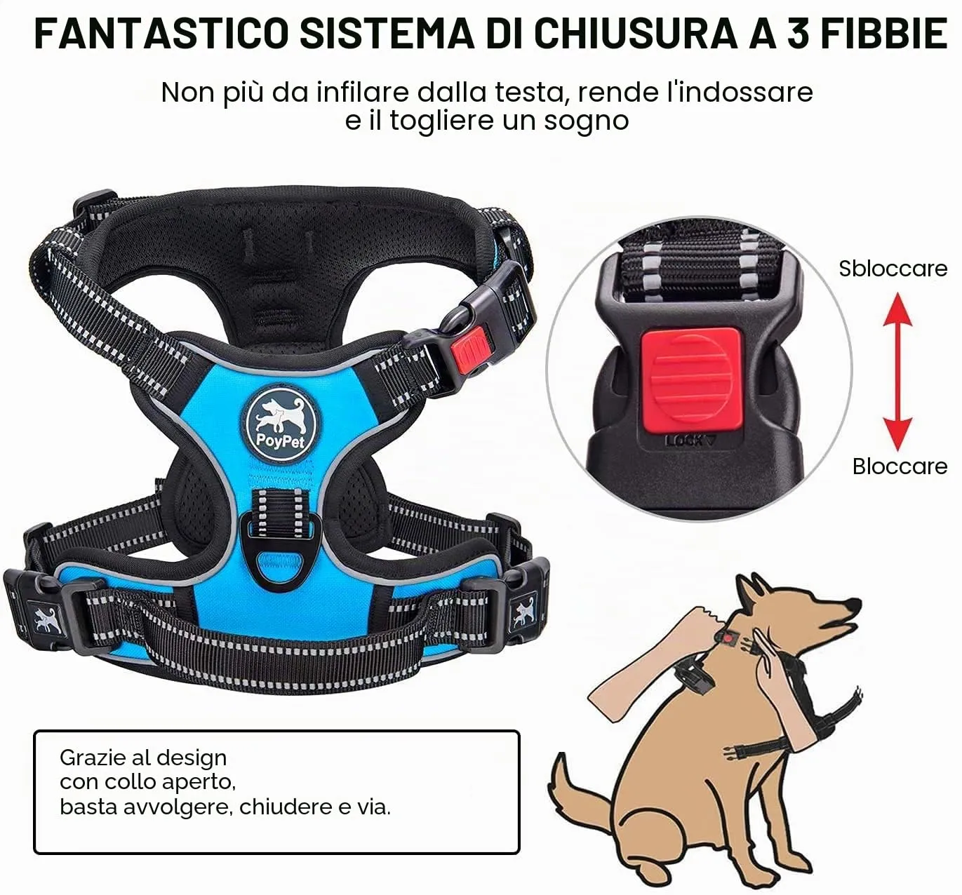 PoyPet Pettorina per cani senza tirare riflettente, regolabile e imbottita con impugnatura Easy Control, Blu - immagine 3