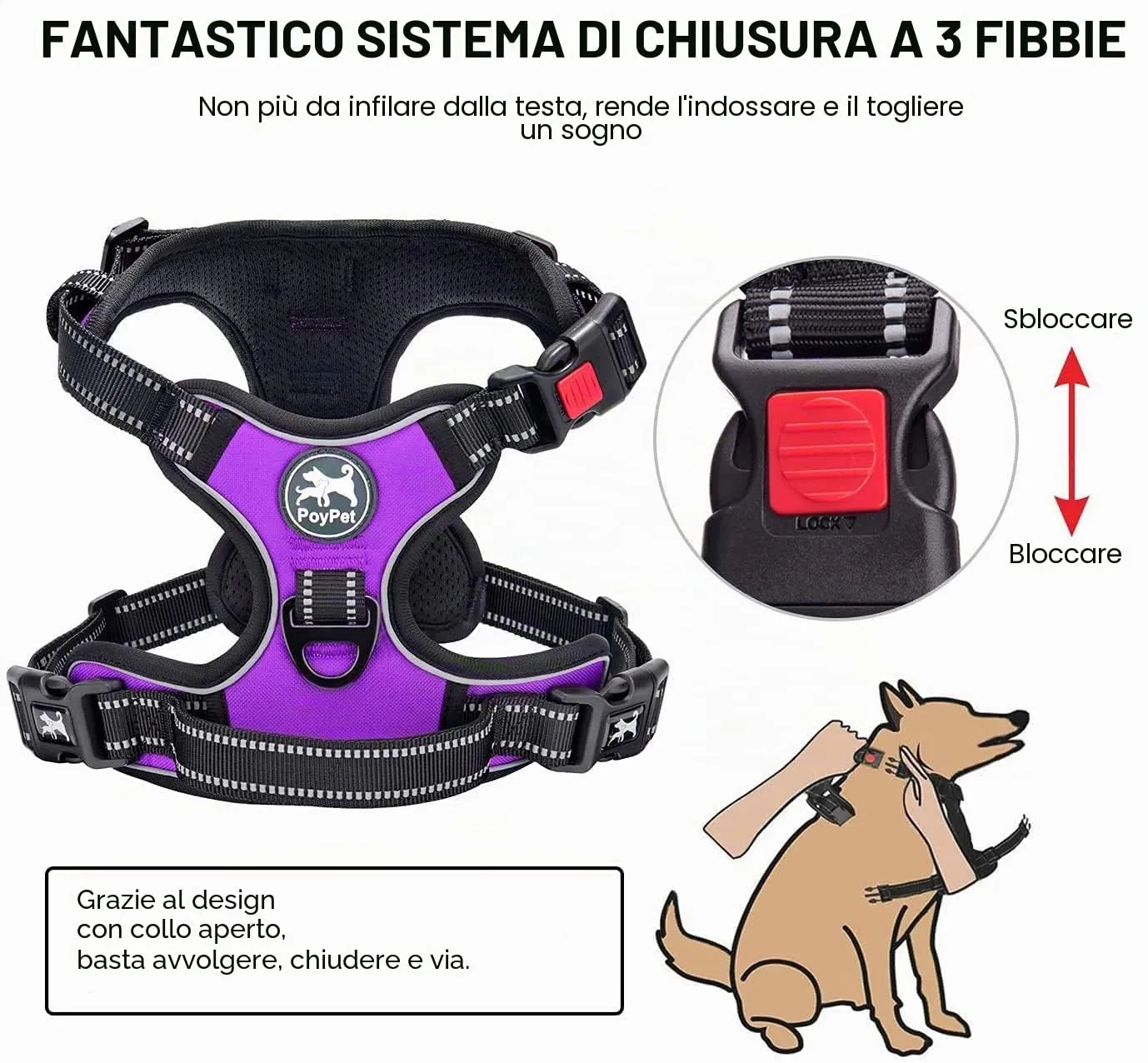 PoyPet Pettorina No Pull Riflettente per Cani, Regolabile e Imbottita con Manico Easy Control, Viola, XS - immagine 3