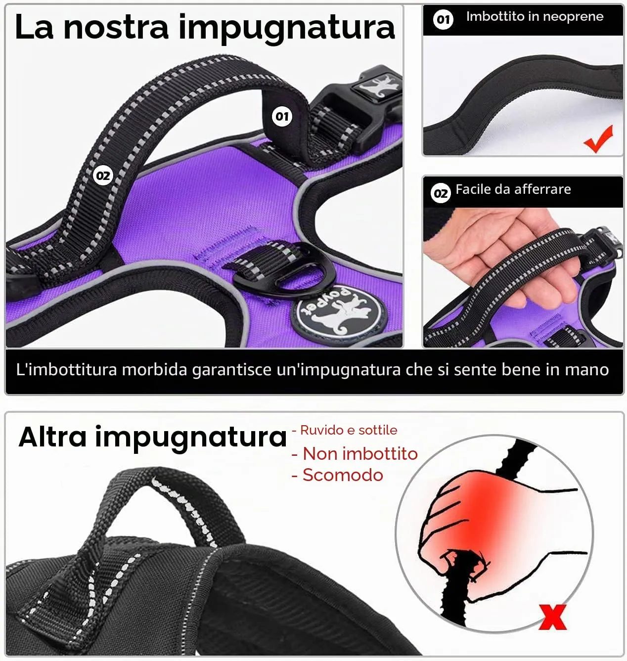 PoyPet Pettorina No Pull Riflettente per Cani, Regolabile e Imbottita con Manico Easy Control, Viola, XS - immagine 4