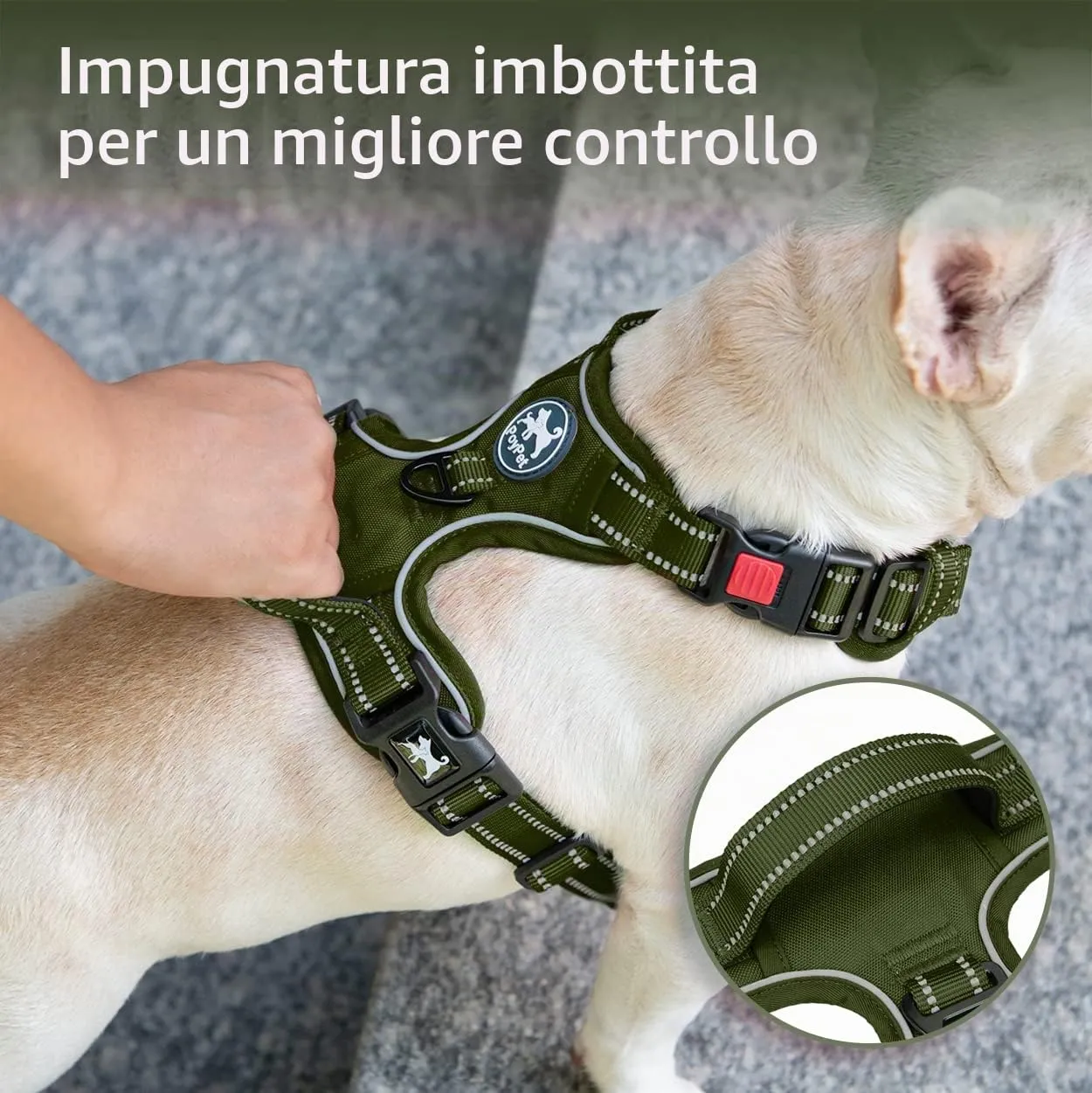 PoyPet Imbracatura per cani riflettente anti-trazione, regolabile e imbottita, verde militare, L - immagine 5