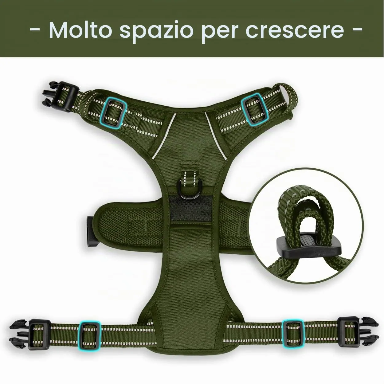 PoyPet Imbracatura per cani riflettente anti-trazione, regolabile e imbottita, verde militare, L - immagine 8