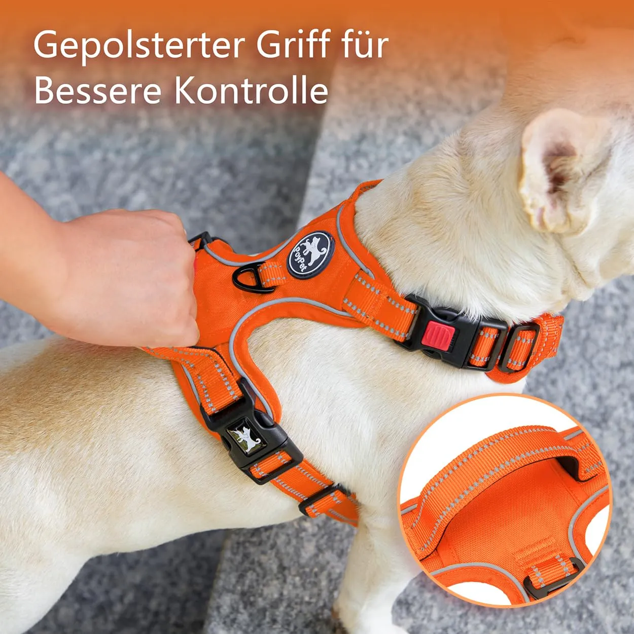 PoyPet Pettorina Anti-tiro Riflettente per Cani, Regolabile e Imbottita con Manico Easy Control, Arancione, L - immagine 6