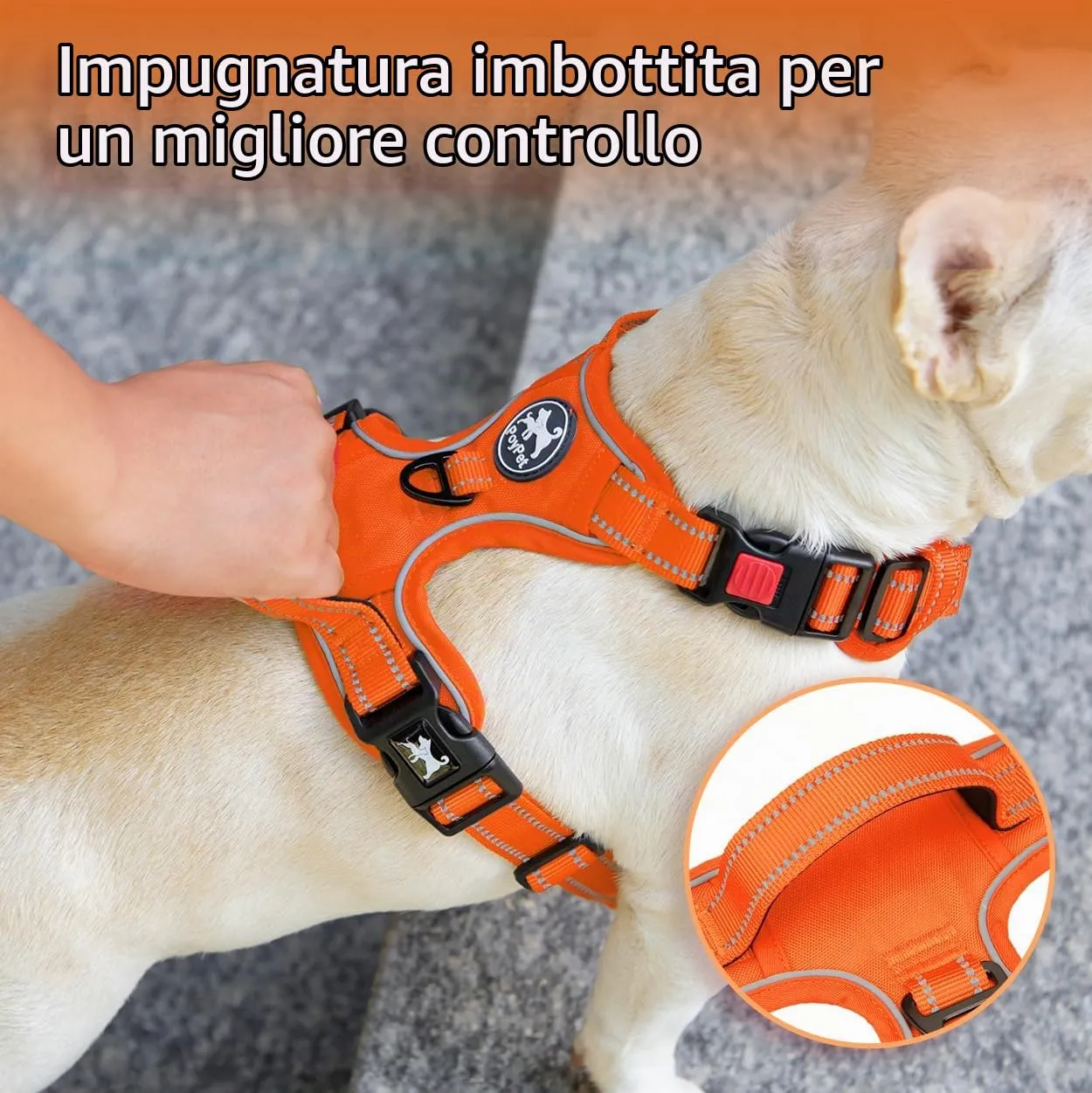 PoyPet Pettorina Anti-tiro Riflettente per Cani, Regolabile e Imbottita con Manico Easy Control, Arancione, M - immagine 6