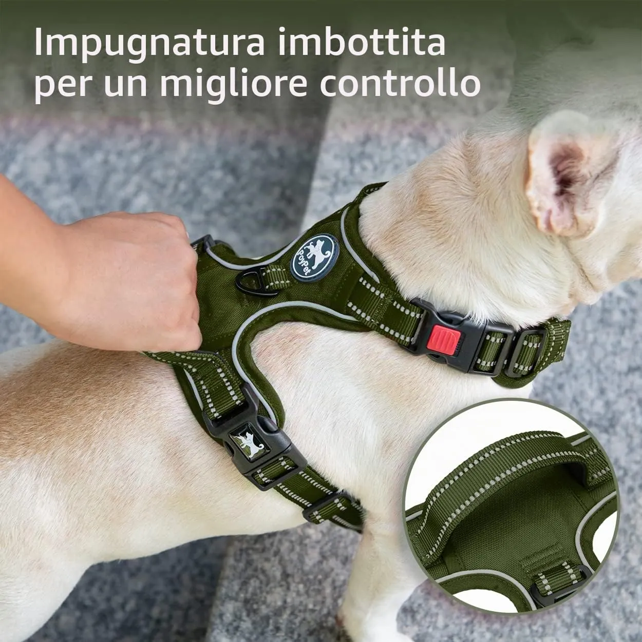PoyPet Pettorina Anti-trazione Riflettente con Manico Easy Control, Verde Militare, XS - immagine 3