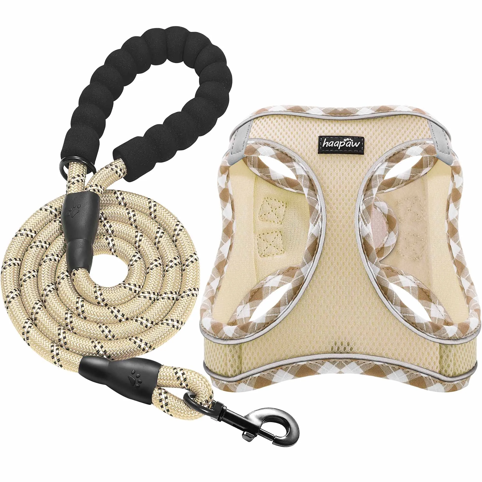 haapaw Pettorina e guinzaglio per cani, step-in, riflettente, imbottita, beige M - immagine 1