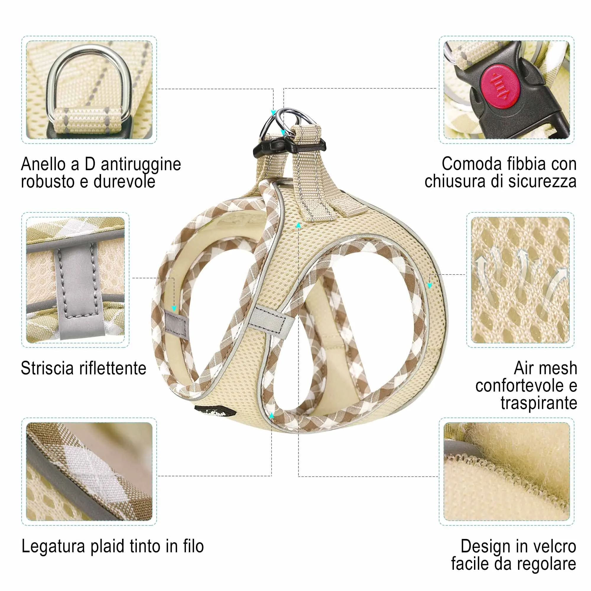 haapaw Pettorina e guinzaglio per cani, step-in, riflettente, imbottita, beige M - immagine 2