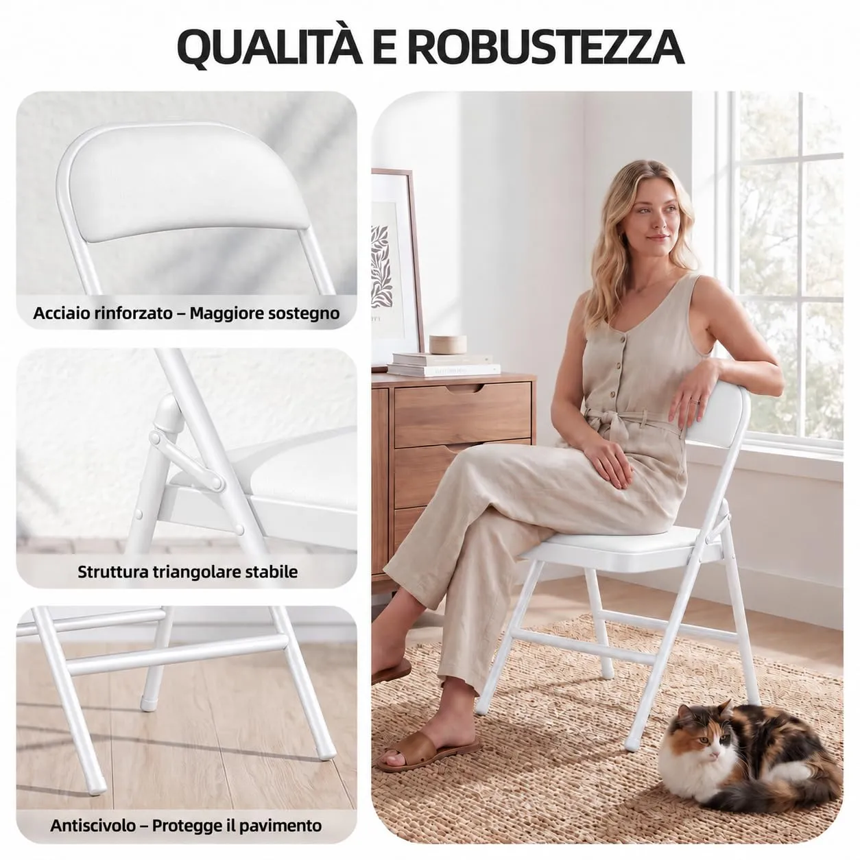 Asdsed Set di 4 Sedie Pieghevoli Imbottite, Bianco - immagine 3
