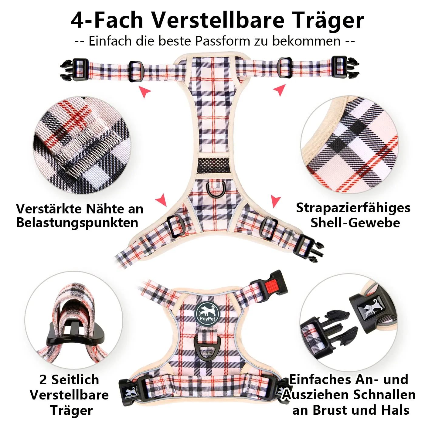 PoyPet Pettorina anti-trazione per cani con elementi riflettenti, beige a quadri, XL - immagine 3