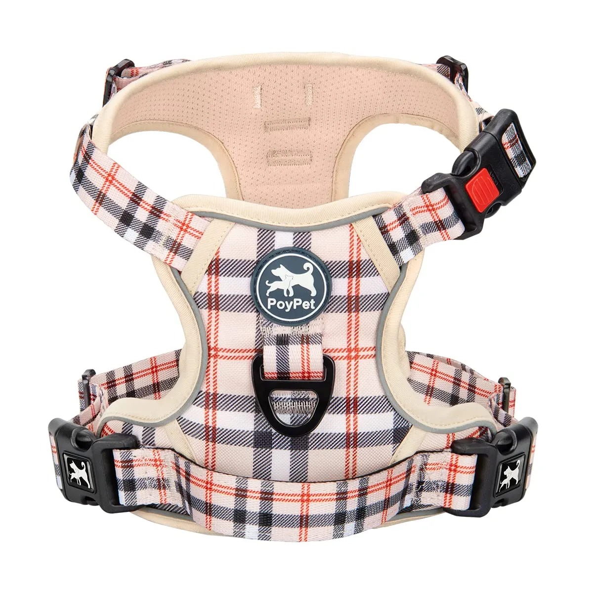 PoyPet Pettorina Anti-trazione per Cani con Manico e Riflettenti, Beige a Quadri, S - immagine 1