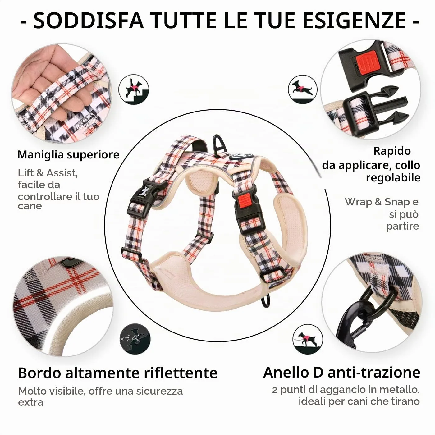PoyPet Pettorina Anti-trazione per Cani con Manico e Riflettenti, Beige a Quadri, S - immagine 4