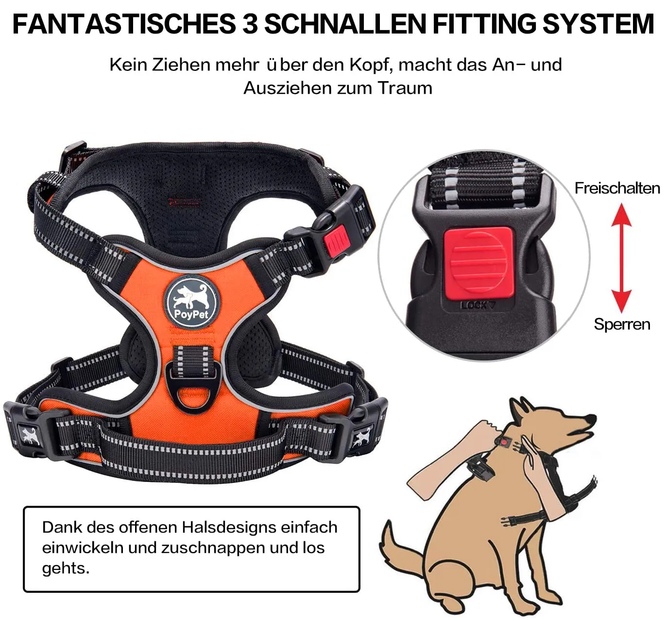 PoyPet Imbracatura Antiriflesso per Cani con Controllo Anteriore e Impugnatura, Arancione, XL - immagine 3