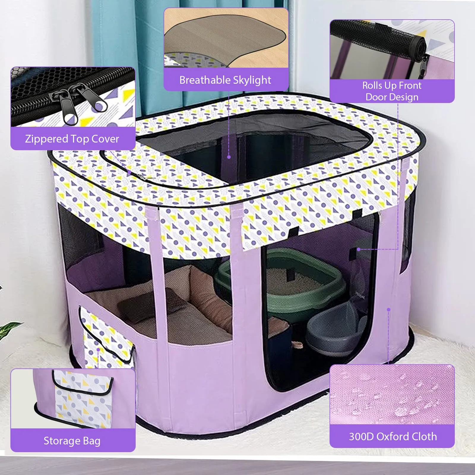 MeYuxg Recinto per Cani e Gatti Pieghevole, Viola, 110 x 85 x 58 cm - immagine 4