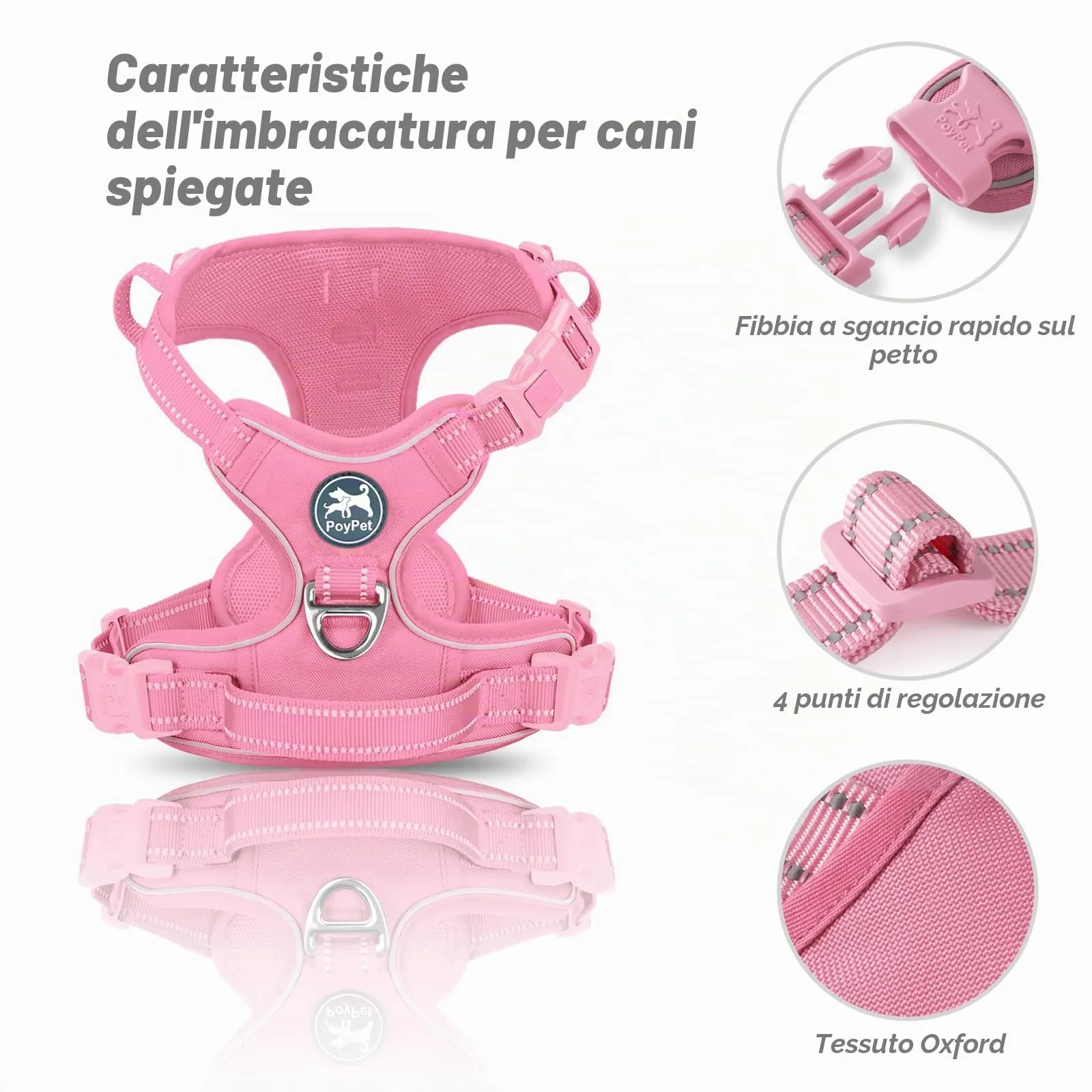 PoyPet Pettorina Riflettente Anti-trazione per Cani con Manico Easy Control, Rosa, M - immagine 8