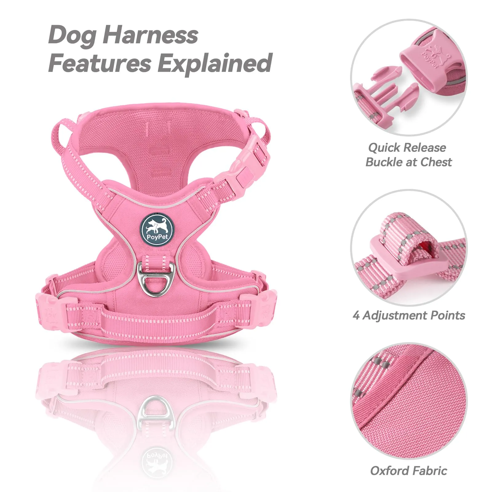 PoyPet Pettorina per cani anti-tiro riflettente regolabile e imbottita con maniglia, Rosa, XS - immagine 8