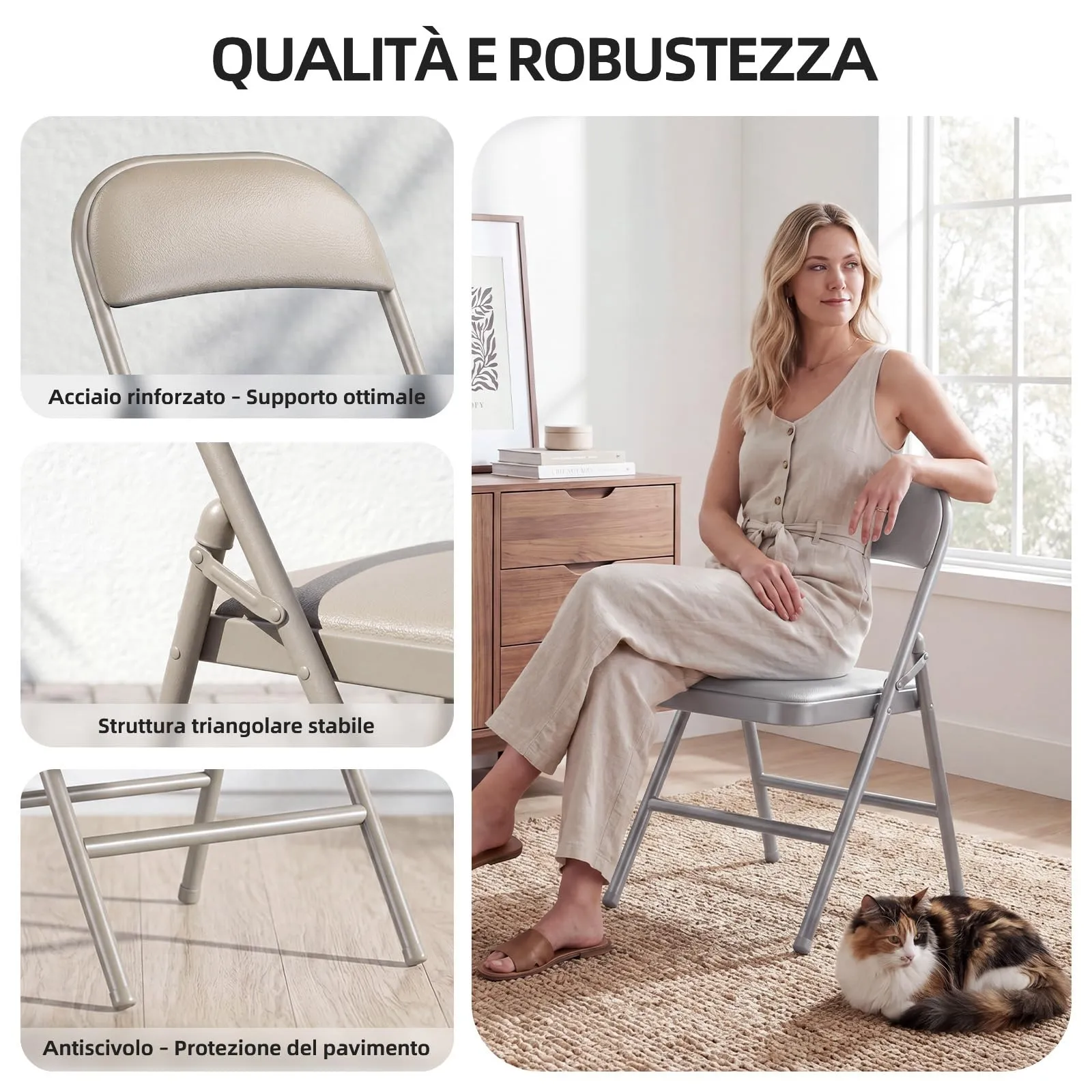 Asdsed Set di 2 Sedie Pieghevoli Imbottite, Portata 160 kg, Cachi - immagine 4