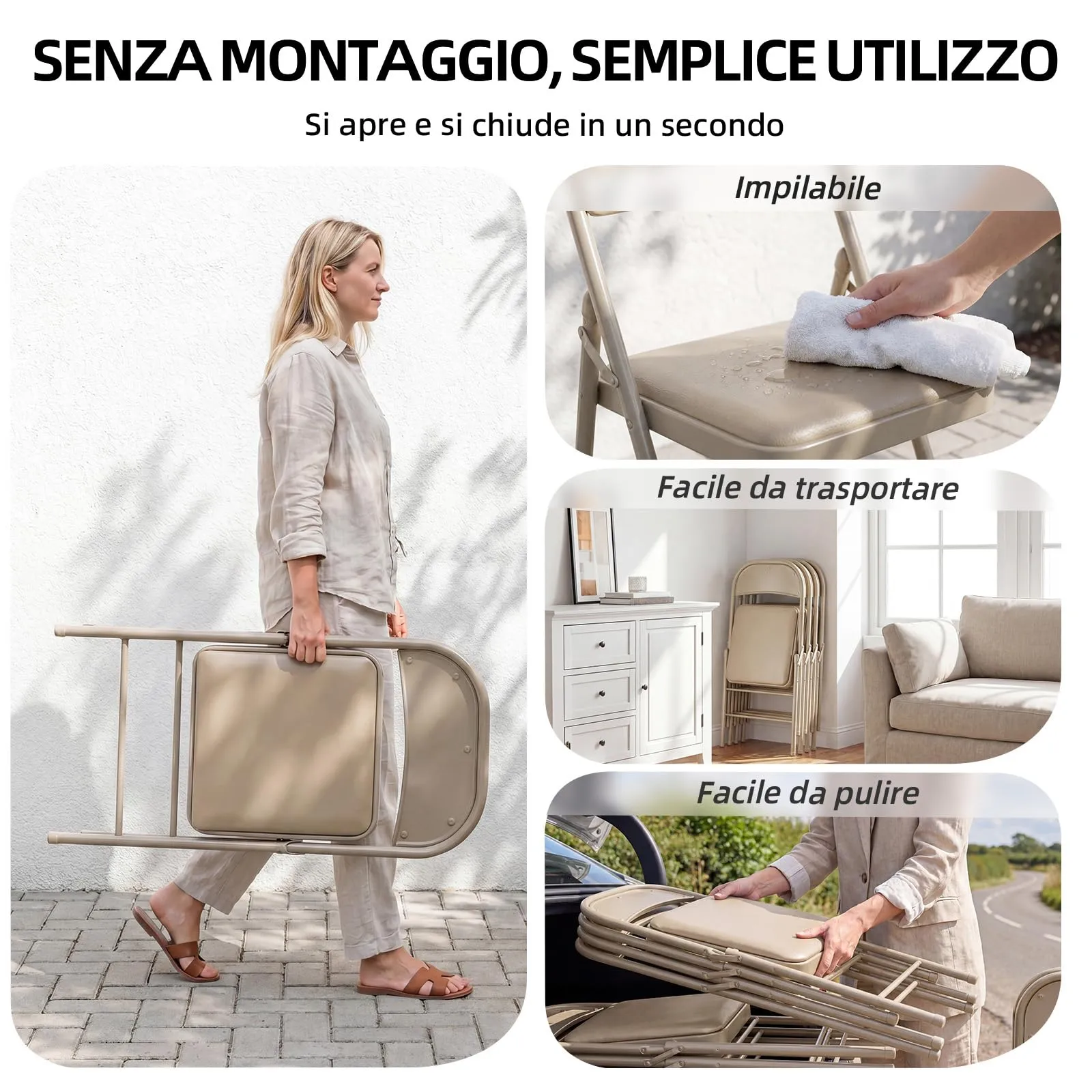 Asdsed Set di 2 Sedie Pieghevoli Imbottite, Portata 160 kg, Cachi - immagine 5