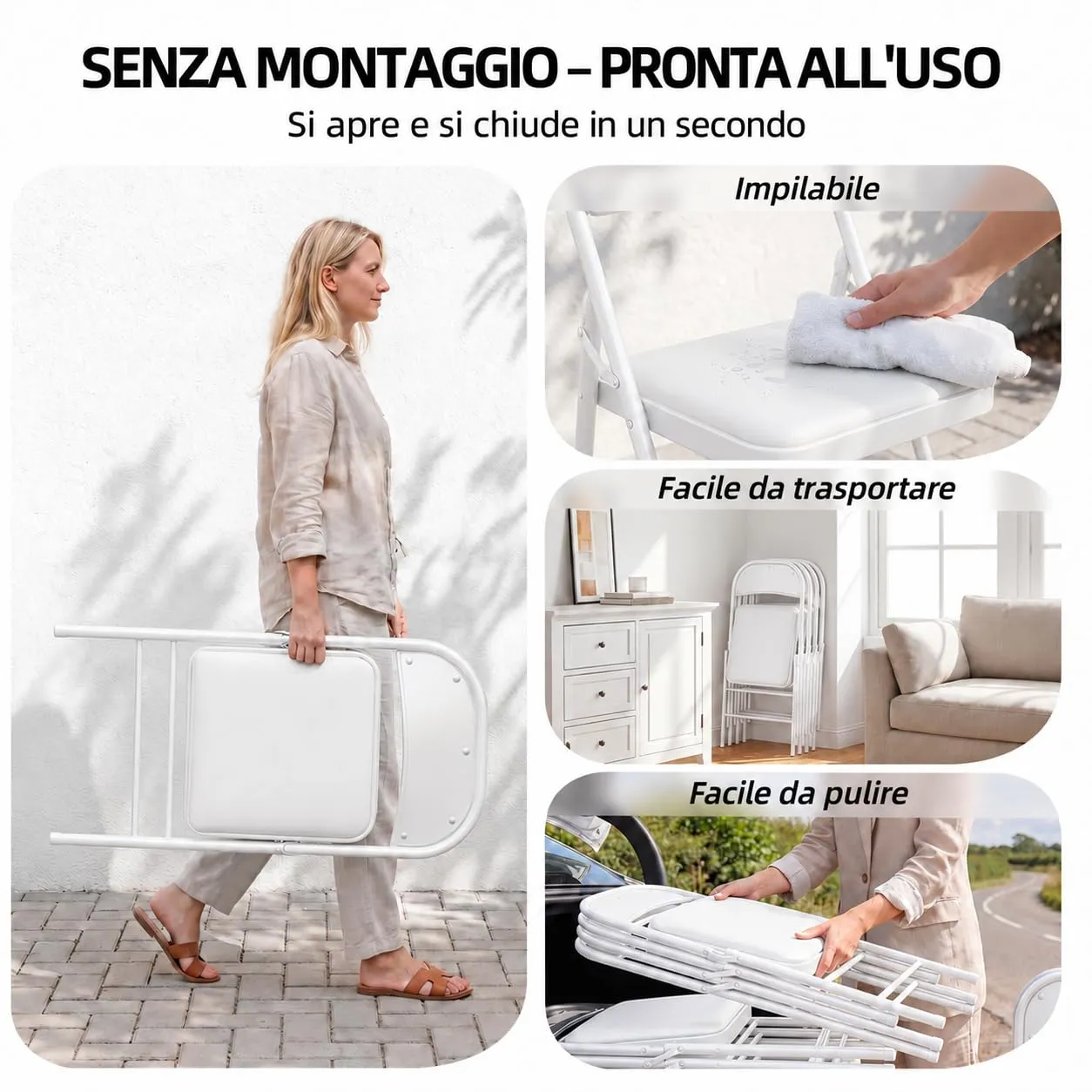Asdsed Set di 6 Sedie Pieghevoli Imbottite, Bianco - immagine 3
