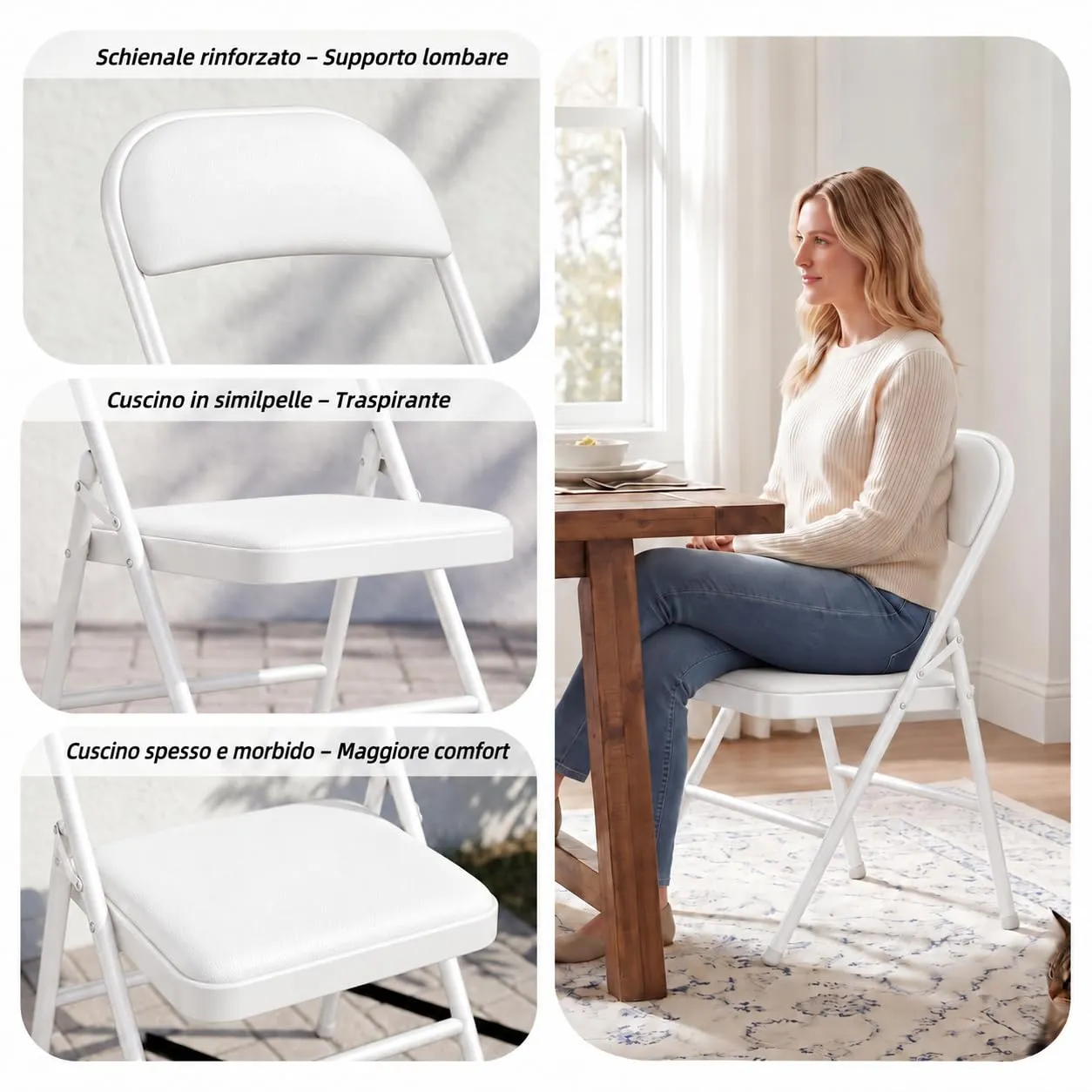 Asdsed Set di 6 Sedie Pieghevoli Imbottite, Bianco - immagine 4