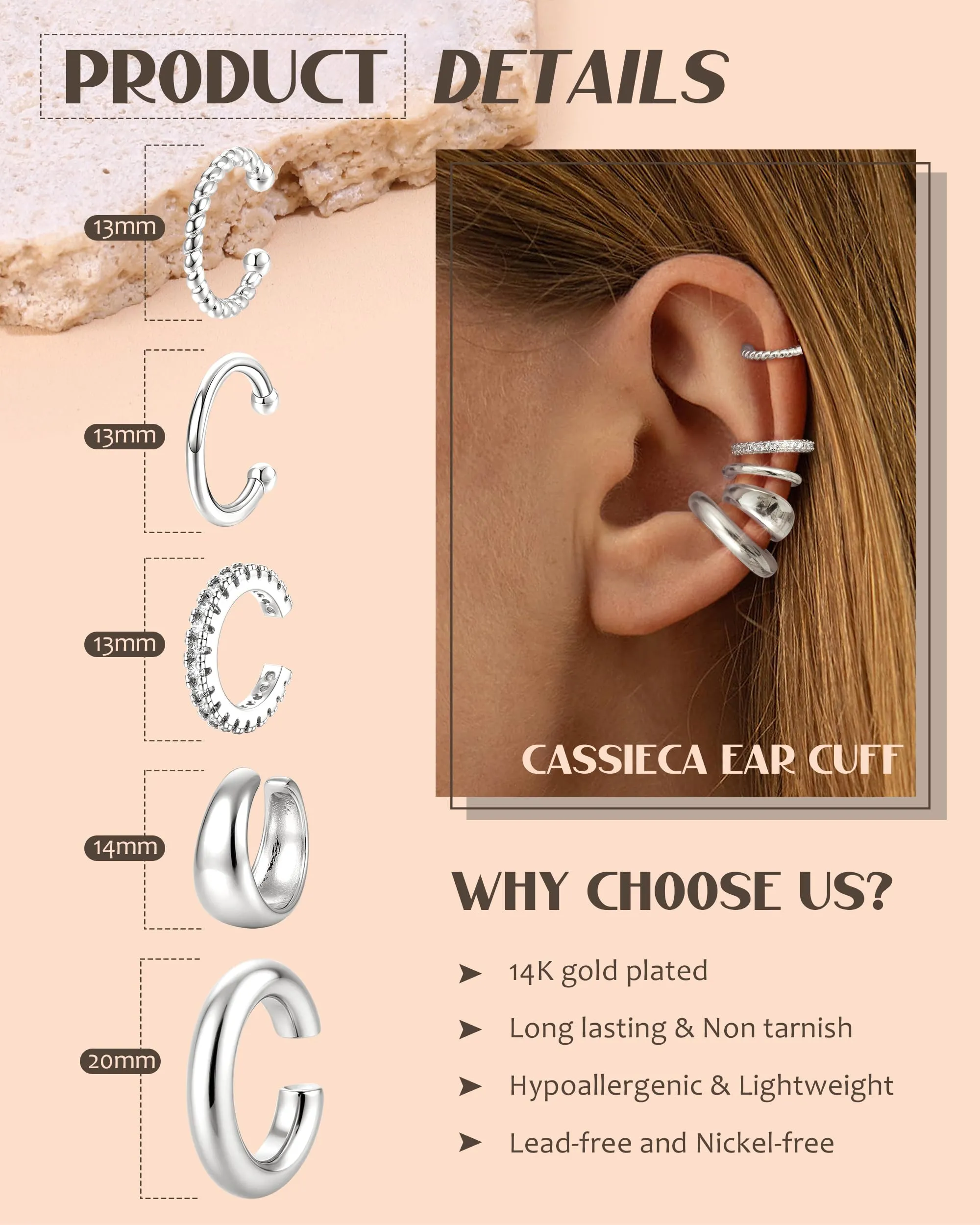 CASSIECA Orecchini Ear Cuff Non Piercing a Clip Ipoallergenici per Cartilagine, Set da 5 Paia - immagine 2