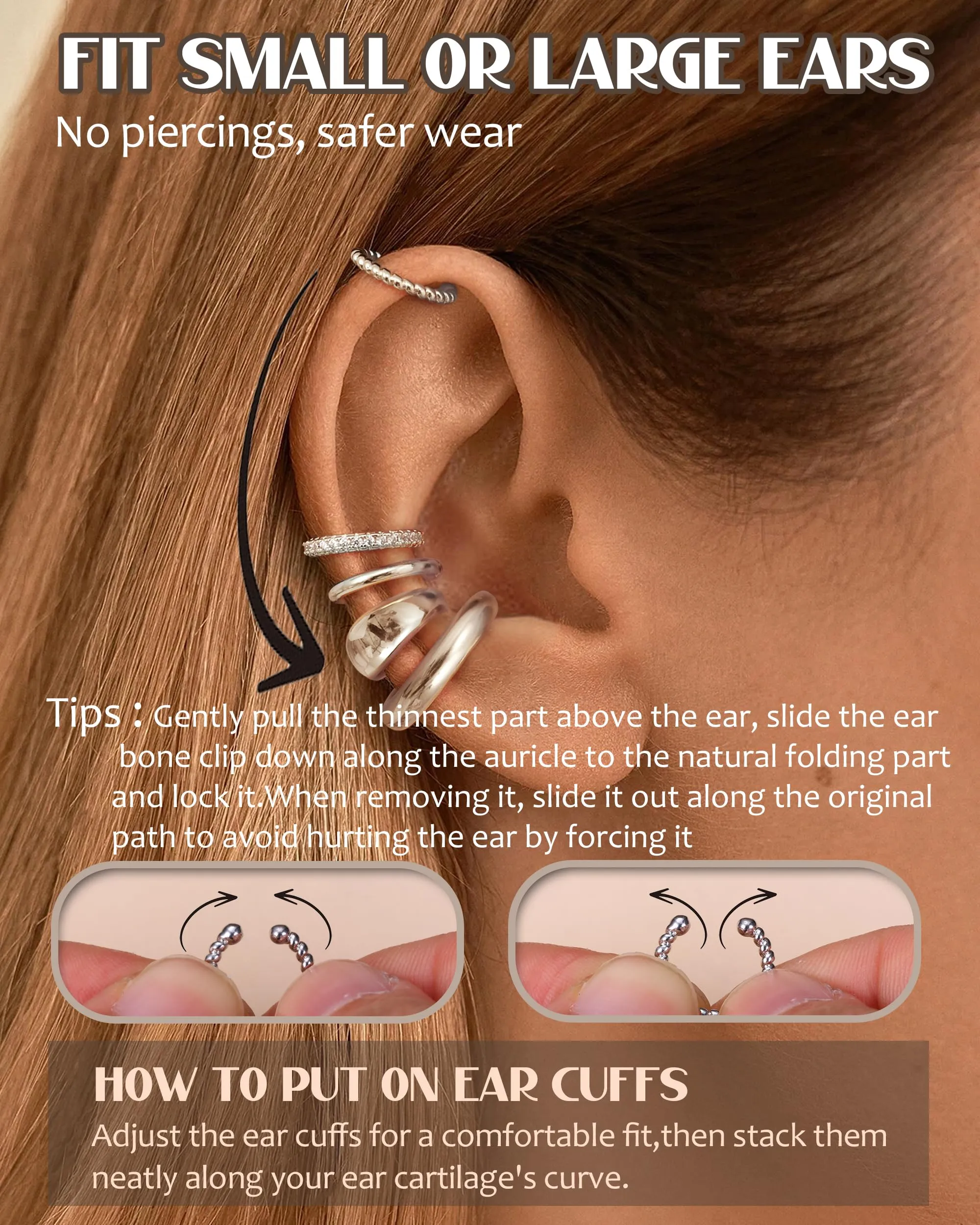 CASSIECA Orecchini Ear Cuff Non Piercing a Clip Ipoallergenici per Cartilagine, Set da 5 Paia - immagine 3