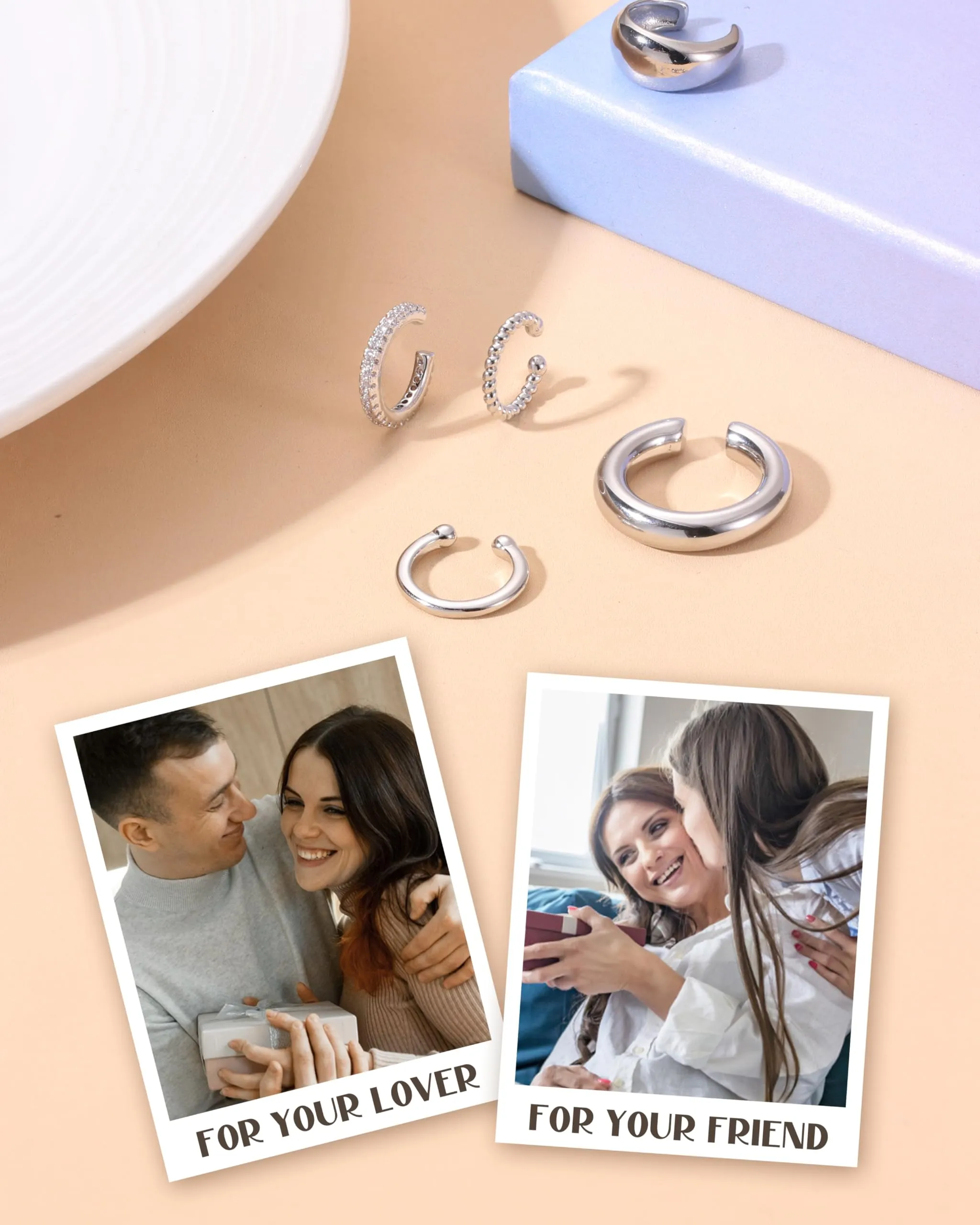 CASSIECA Orecchini Ear Cuff Non Piercing a Clip Ipoallergenici per Cartilagine, Set da 5 Paia - immagine 6