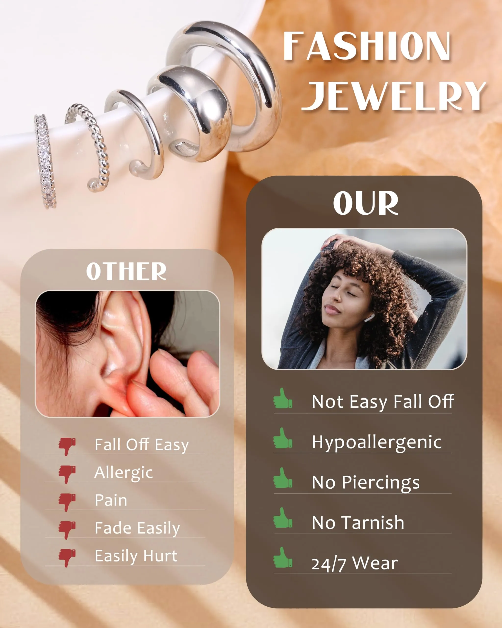 CASSIECA Orecchini Ear Cuff Non Piercing a Clip Ipoallergenici per Cartilagine, Set da 5 Paia - immagine 7