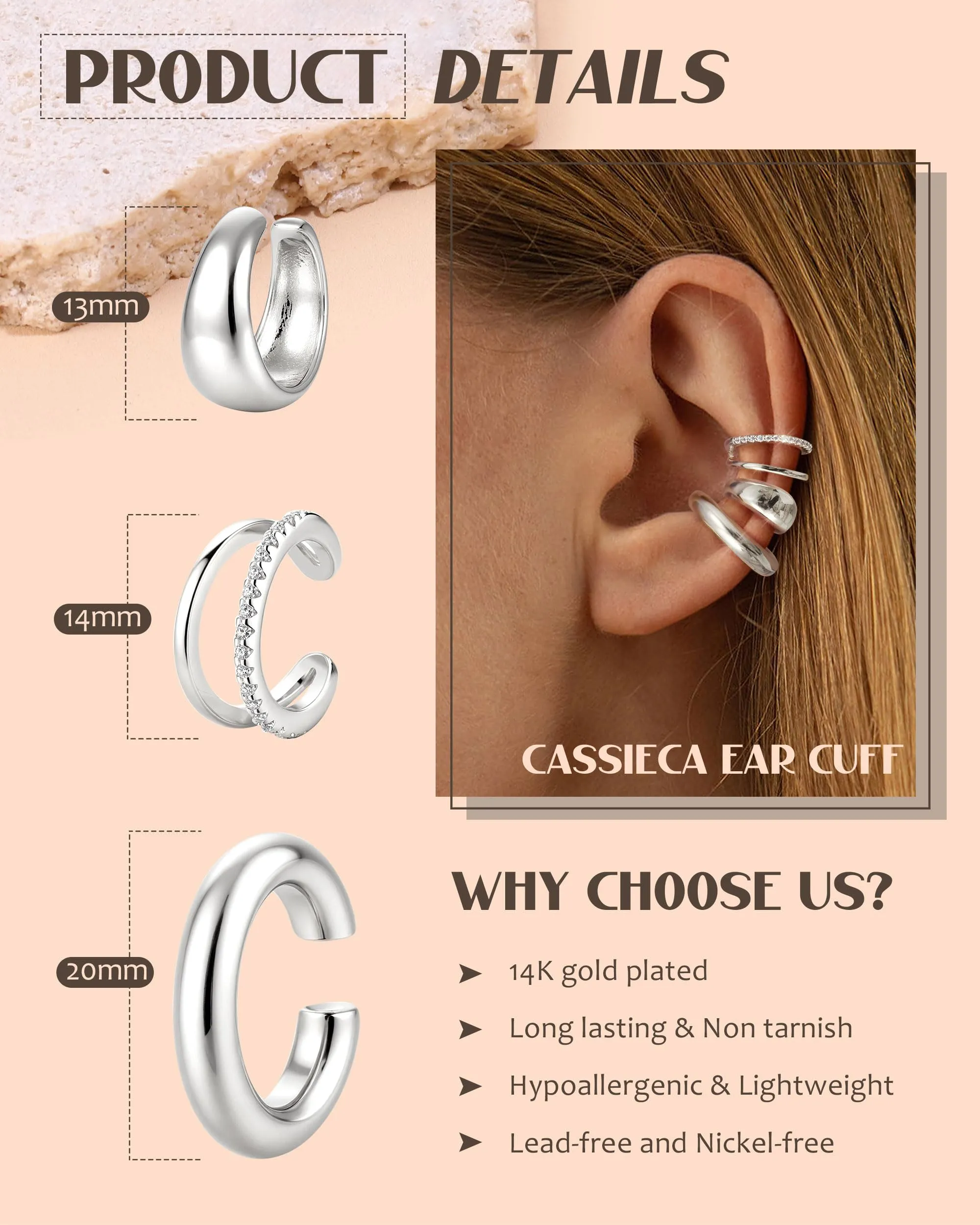 CASSIECA Orecchini Non Piercing Chunky Earcuff a Clip per Cartilagine Ipoallergenici - immagine 2