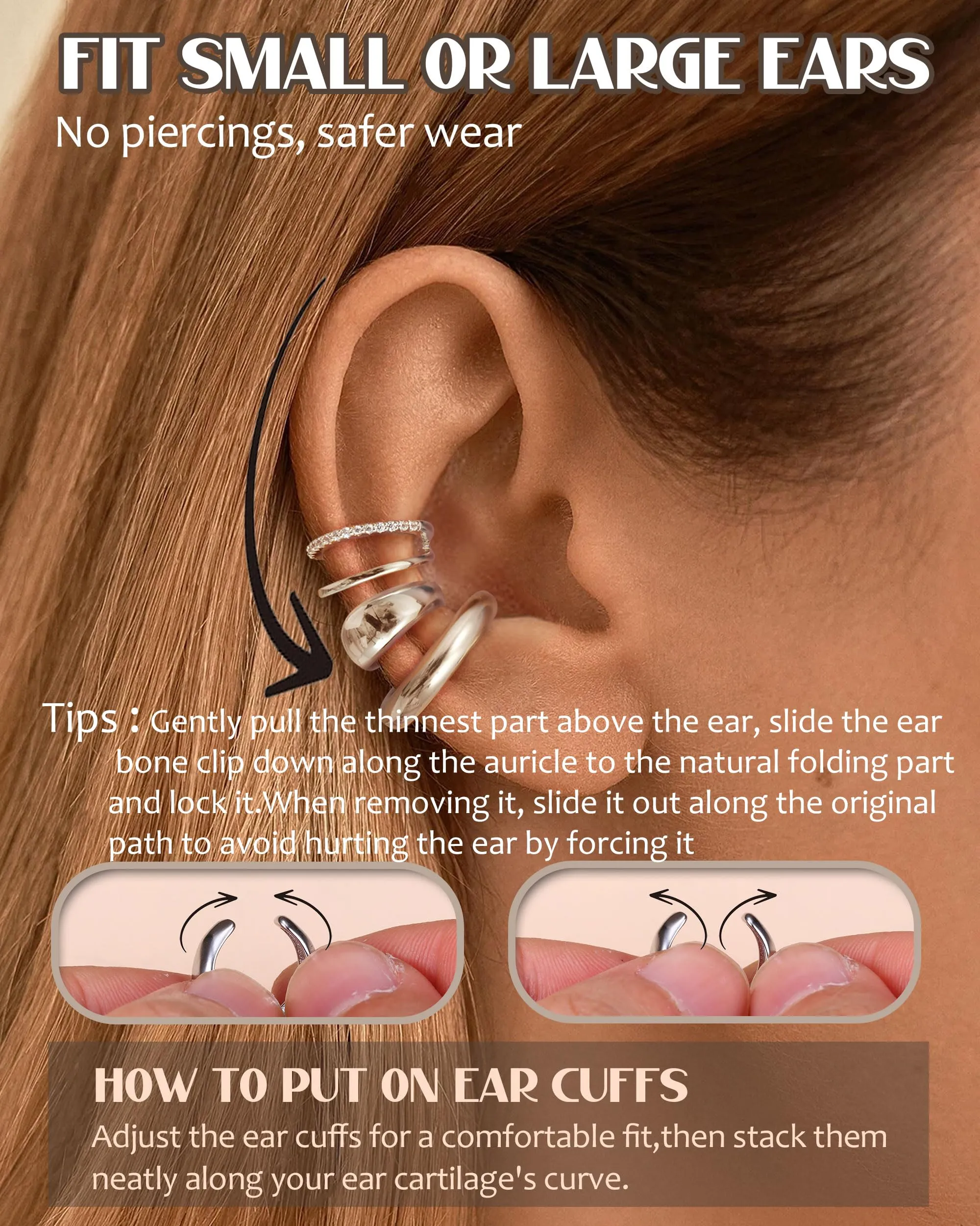 CASSIECA Orecchini Non Piercing Chunky Earcuff a Clip per Cartilagine Ipoallergenici - immagine 3