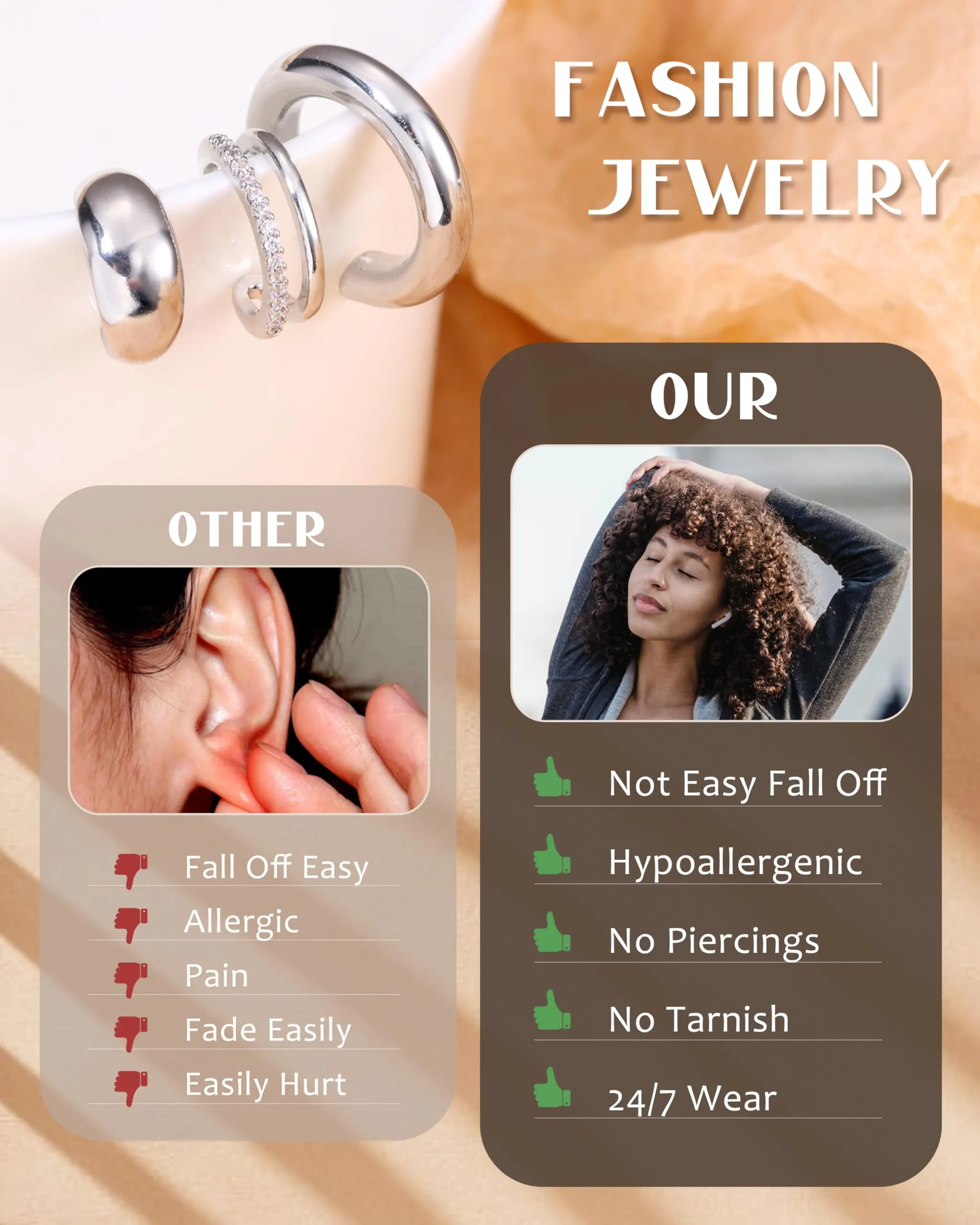 CASSIECA Orecchini Non Piercing Chunky Earcuff a Clip per Cartilagine Ipoallergenici - immagine 6