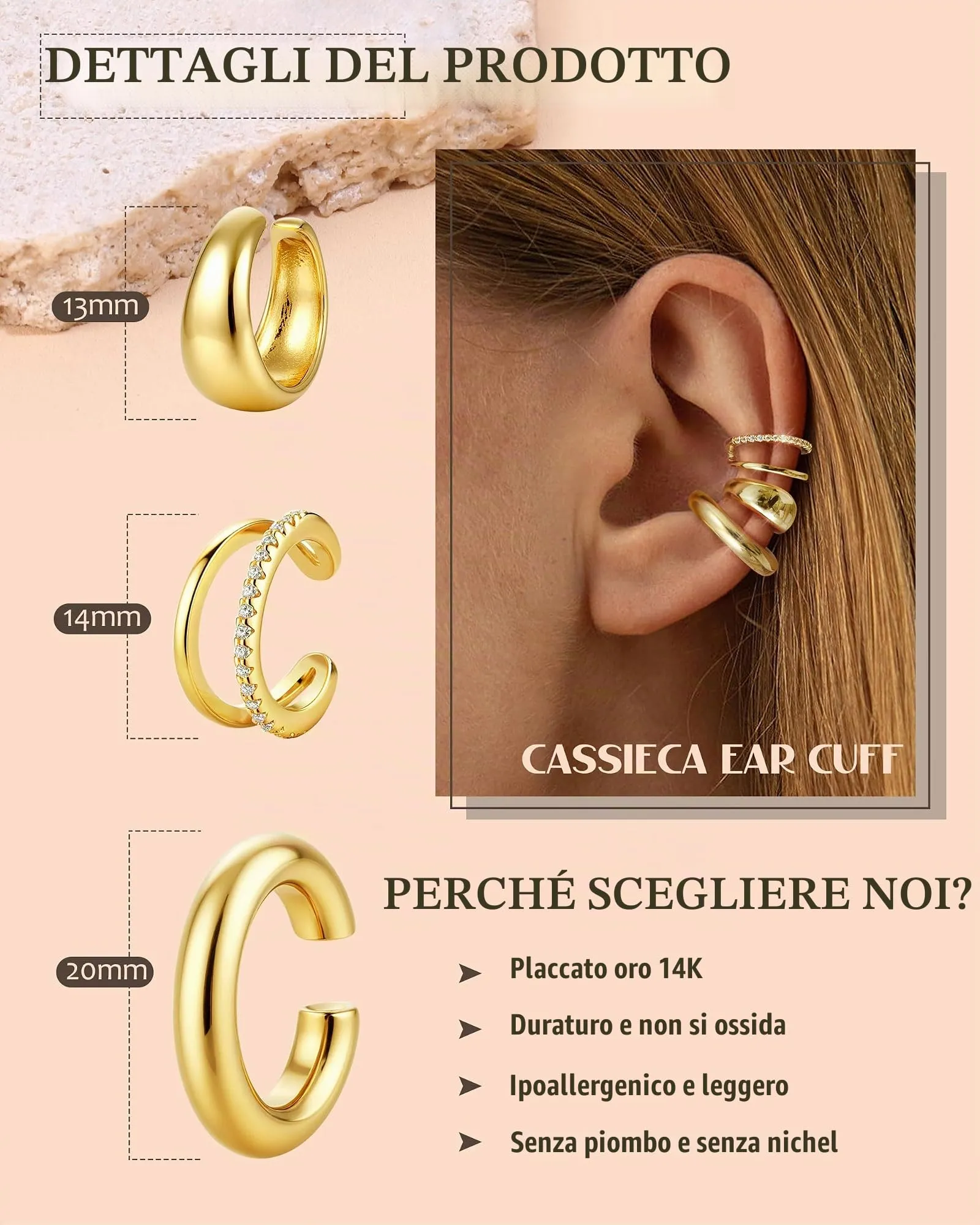 CASSIECA Ear Cuff Orecchini Non Piercing per Donna, Set da 3 Pezzi Ipoallergenici Placcati Oro con Zirconi Cubici - immagine 2