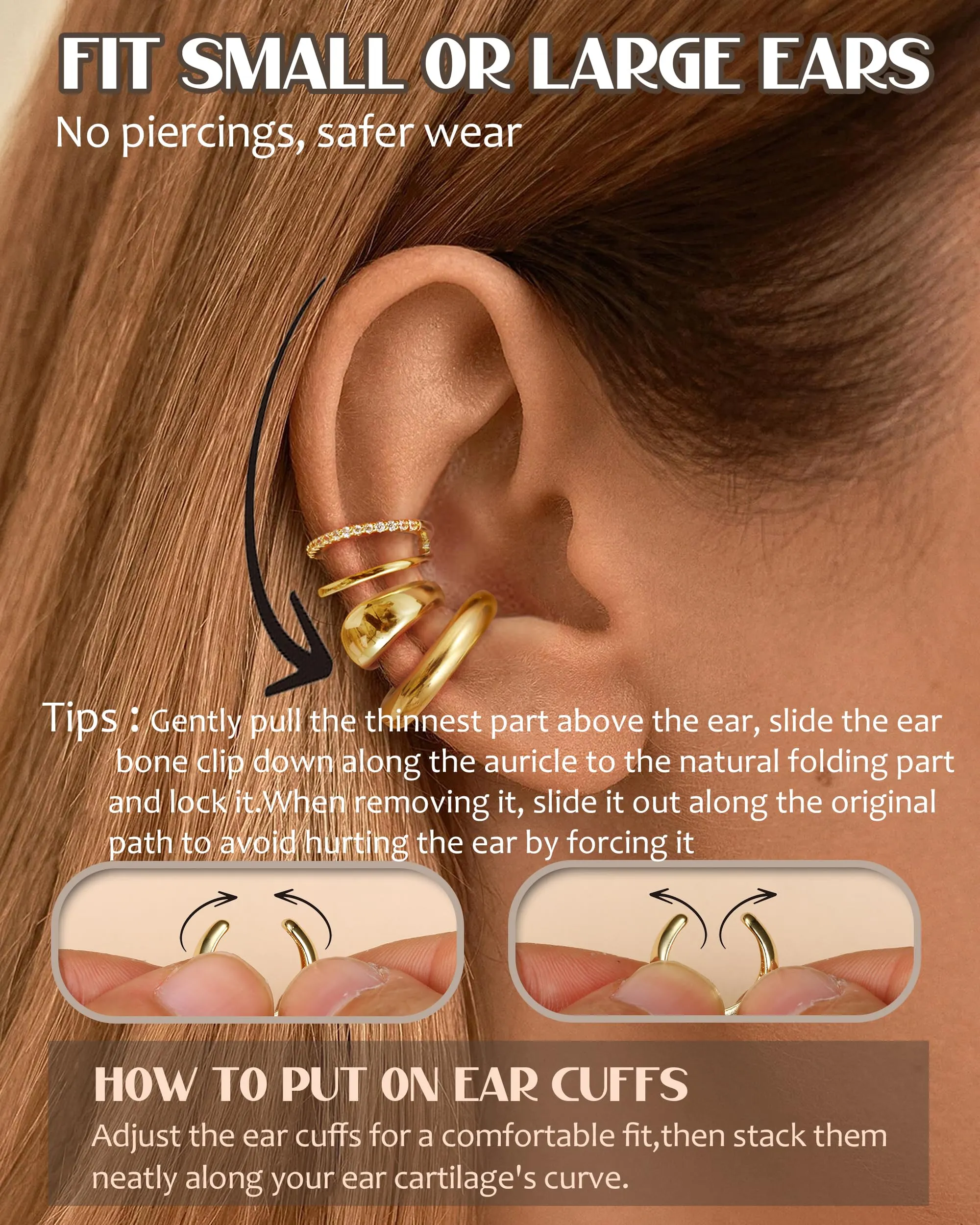 CASSIECA Ear Cuff Orecchini Non Piercing per Donna, Set da 3 Pezzi Ipoallergenici Placcati Oro con Zirconi Cubici - immagine 3
