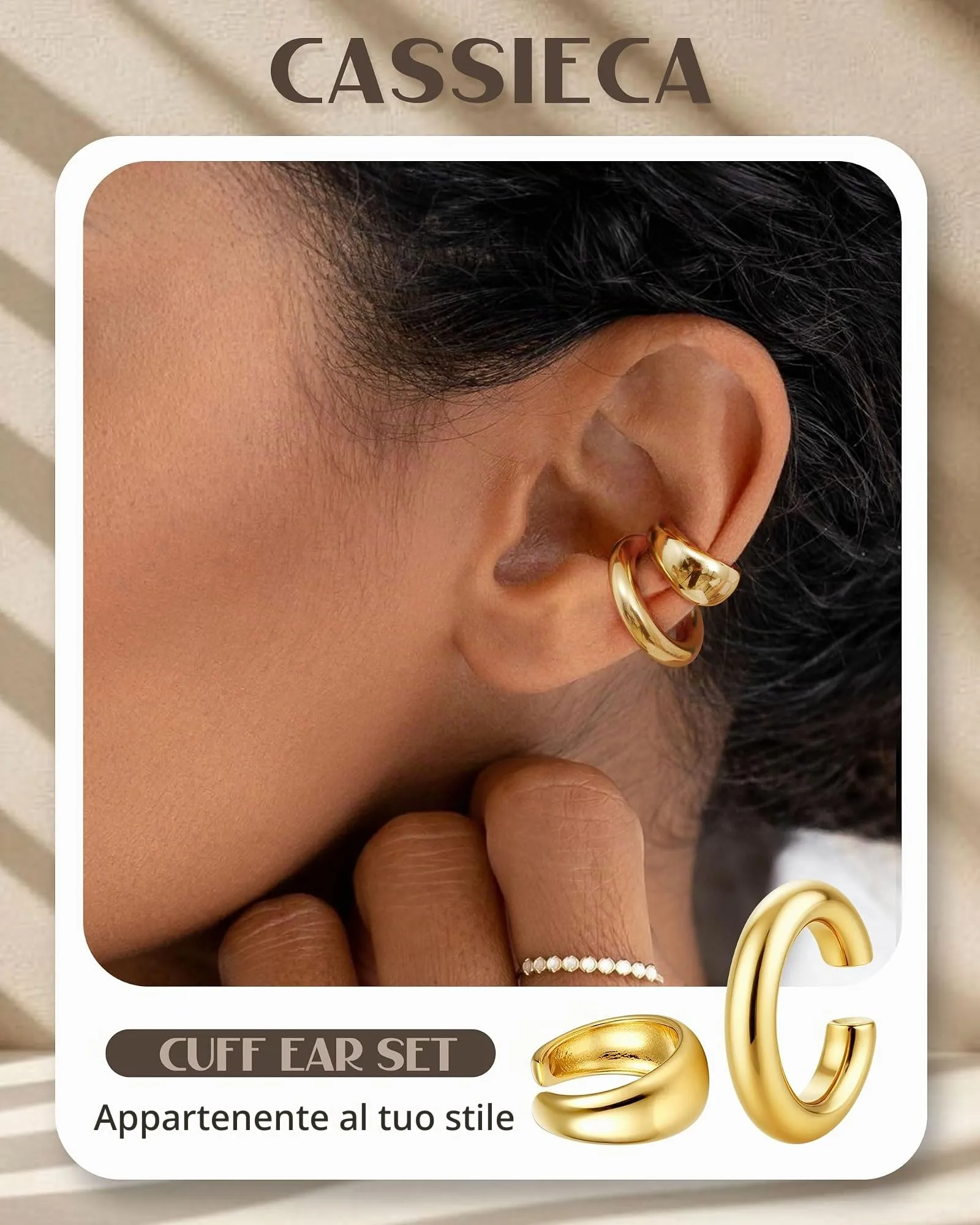 CASSIECA Ear Cuff Orecchini Non Piercing per Donna, Set da 3 Pezzi Ipoallergenici Placcati Oro con Zirconi Cubici - immagine 4