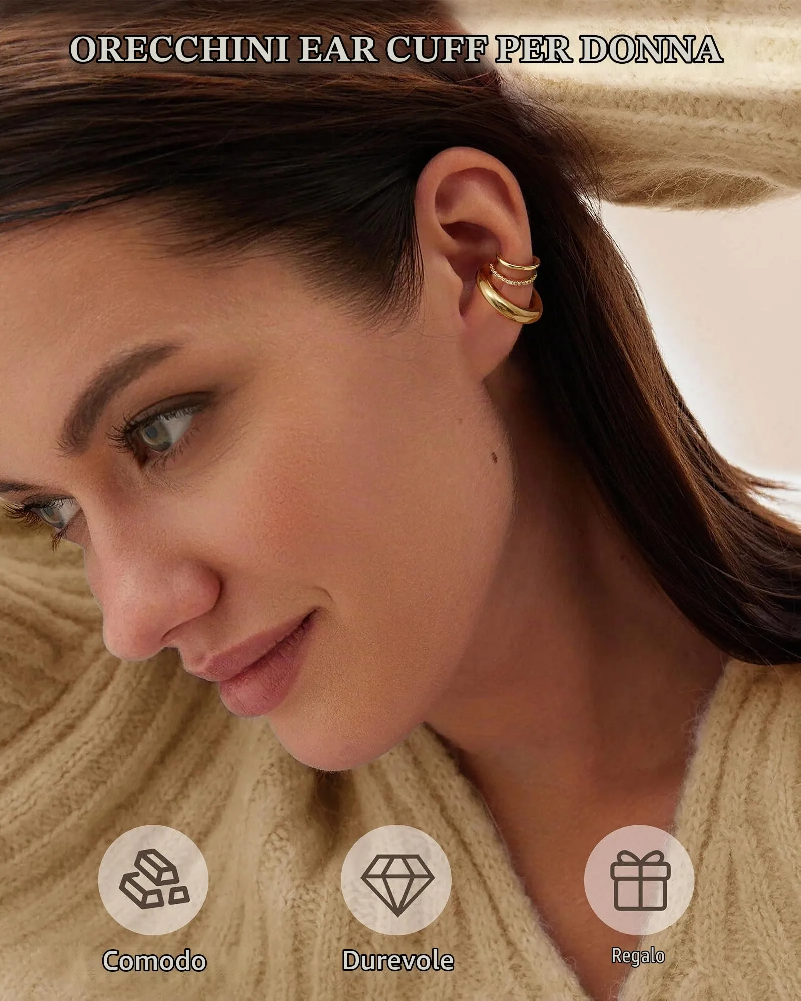 CASSIECA Ear Cuff Orecchini Non Piercing per Donna, Set da 3 Pezzi Ipoallergenici Placcati Oro con Zirconi Cubici - immagine 5