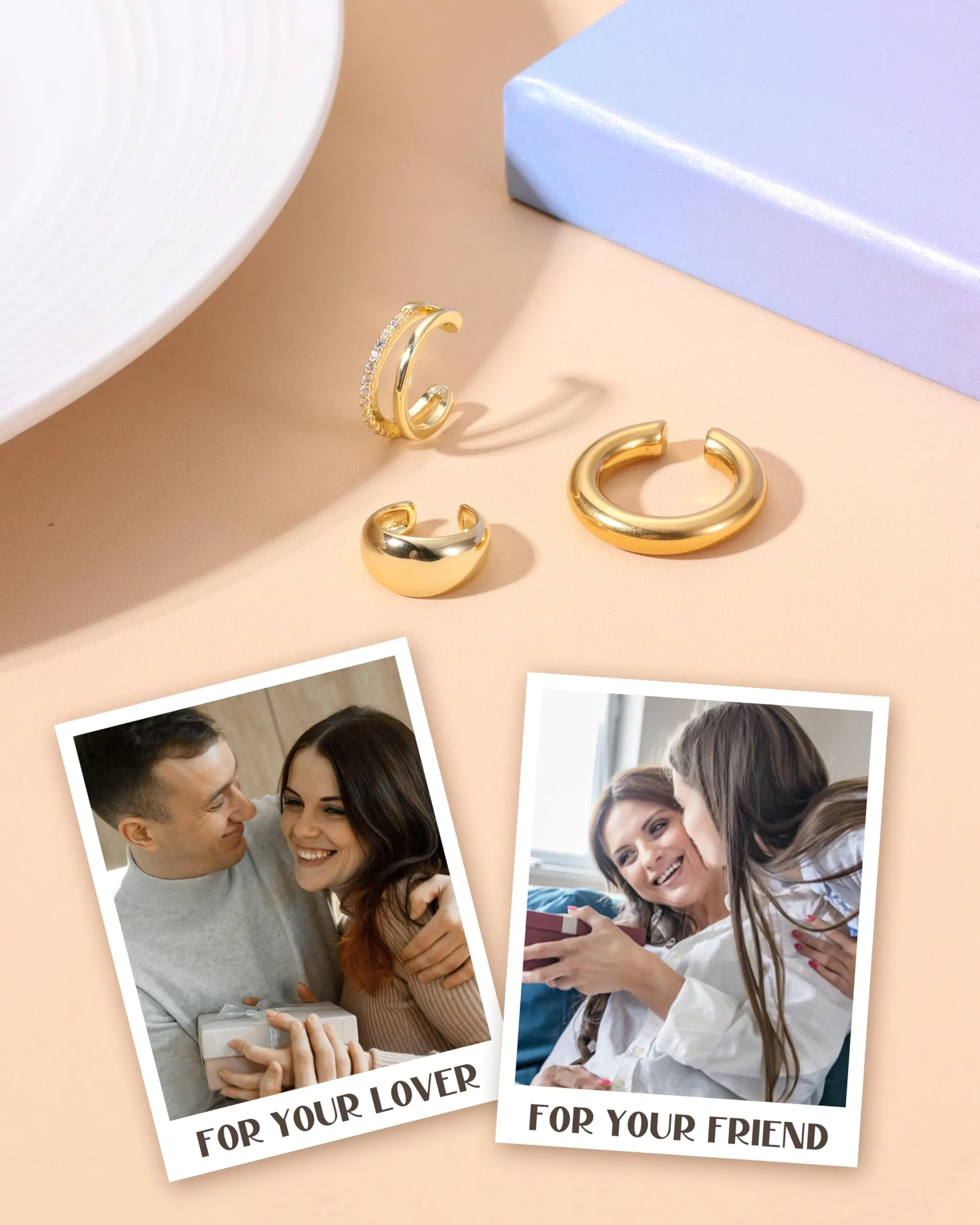 CASSIECA Ear Cuff Orecchini Non Piercing per Donna, Set da 3 Pezzi Ipoallergenici Placcati Oro con Zirconi Cubici - immagine 6