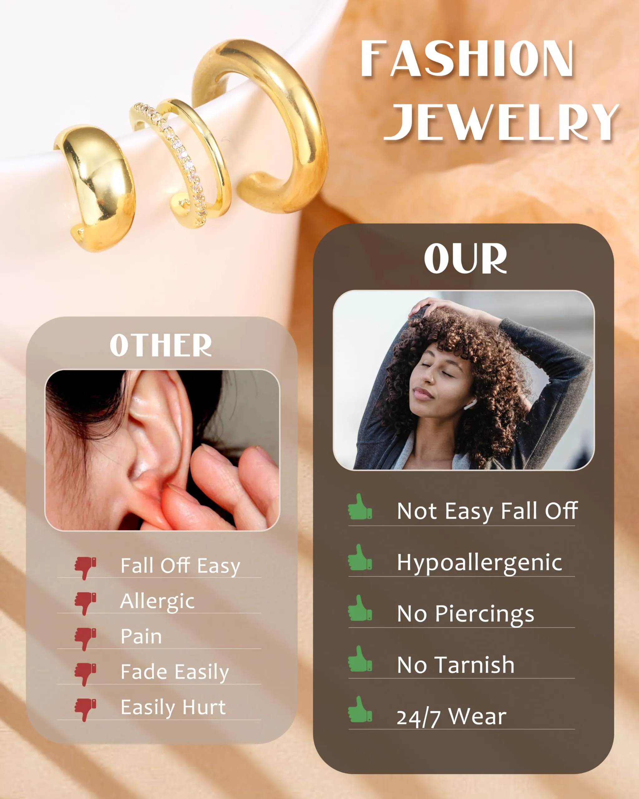 CASSIECA Ear Cuff Orecchini Non Piercing per Donna, Set da 3 Pezzi Ipoallergenici Placcati Oro con Zirconi Cubici - immagine 7