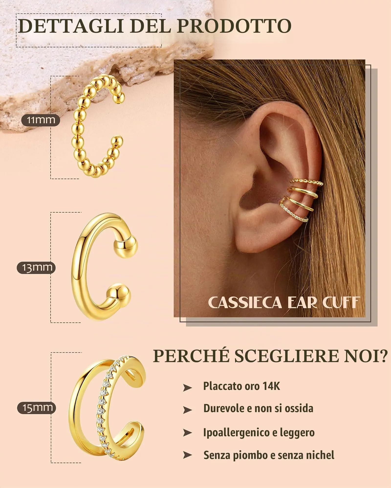 Cassieca Orecchini Ear Cuff Non Piercing a Clip Ipoallergenici, 3 Paia - immagine 2