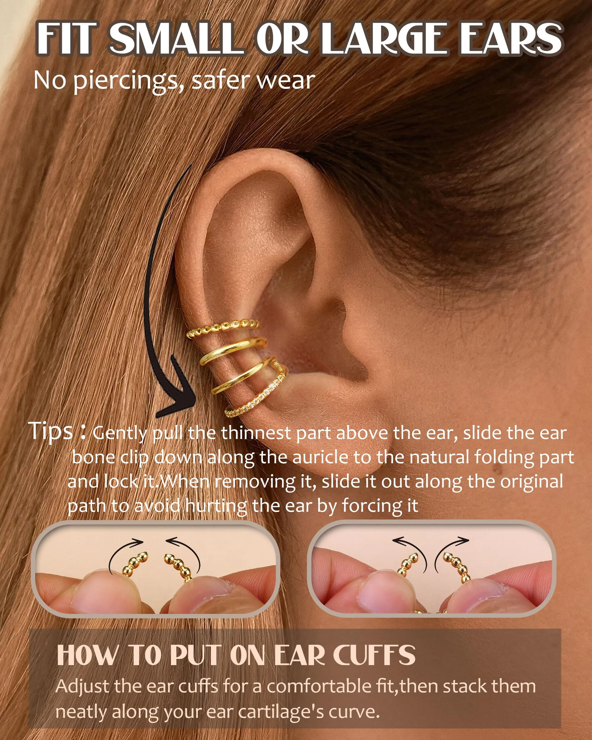 Cassieca Orecchini Ear Cuff Non Piercing a Clip Ipoallergenici, 3 Paia - immagine 3