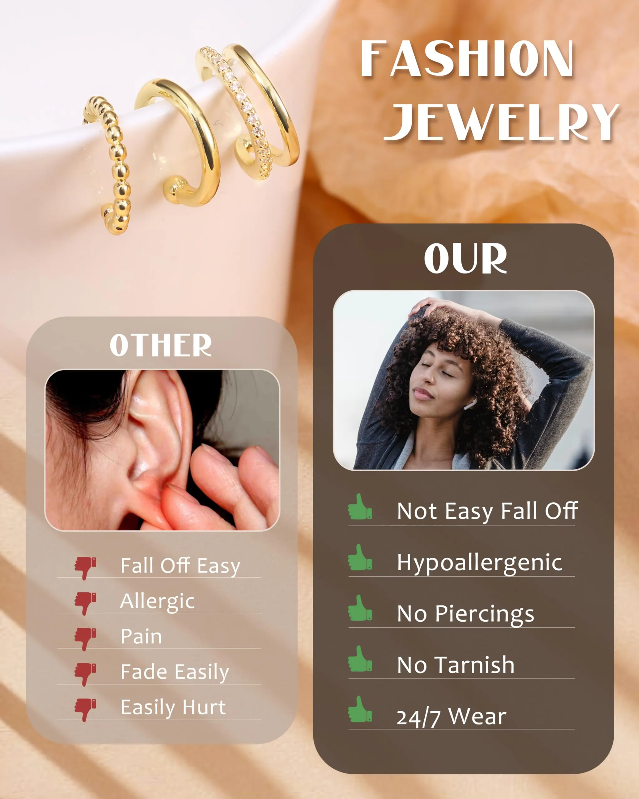 Cassieca Orecchini Ear Cuff Non Piercing a Clip Ipoallergenici, 3 Paia - immagine 7