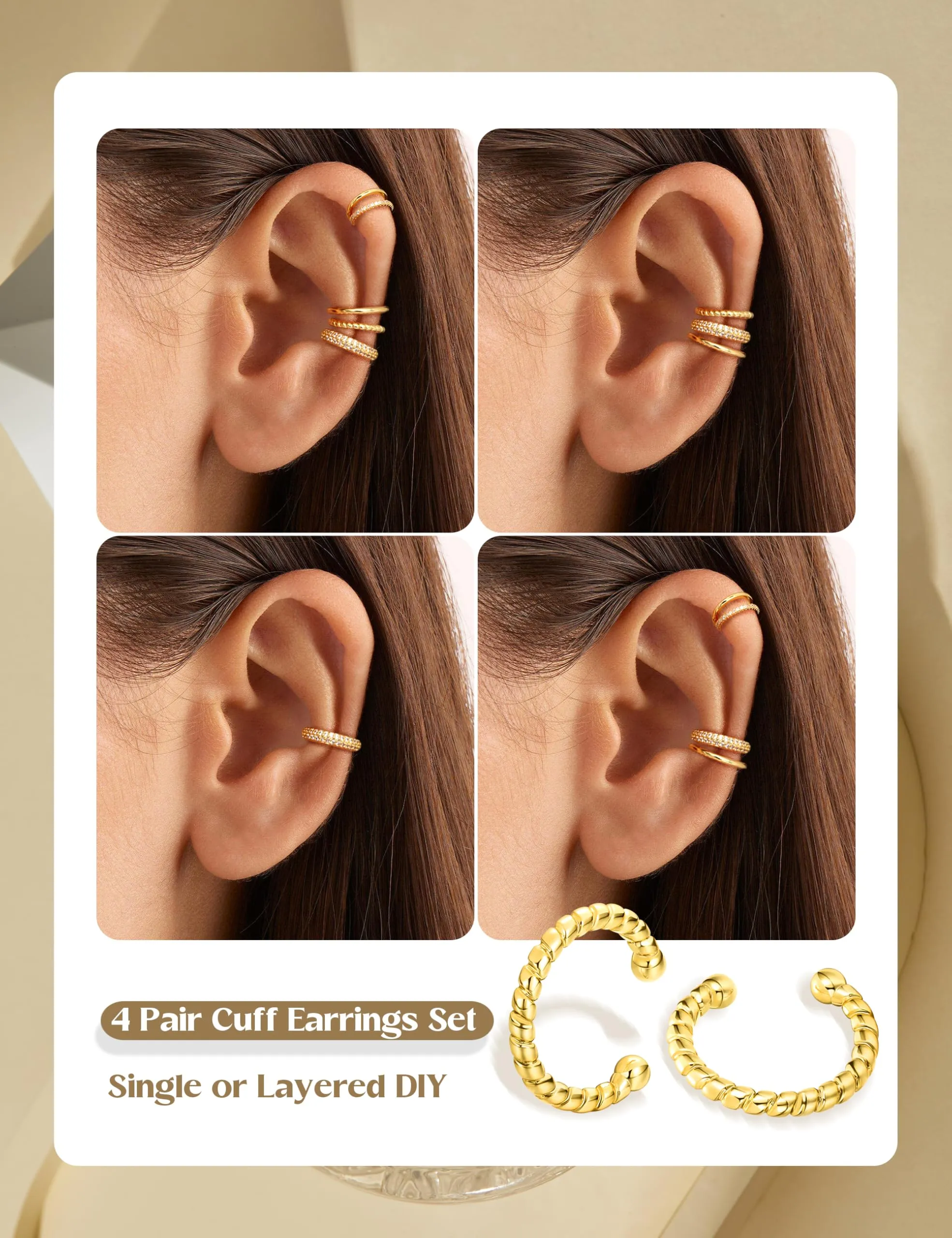 ADRAMATA Ear Cuff Orecchini Senza Buco Donna, 4 Paia Regolabili in Oro 14K e Argento, Ipoallergenici per Cartilagine con Custodia Regalo - immagine 3