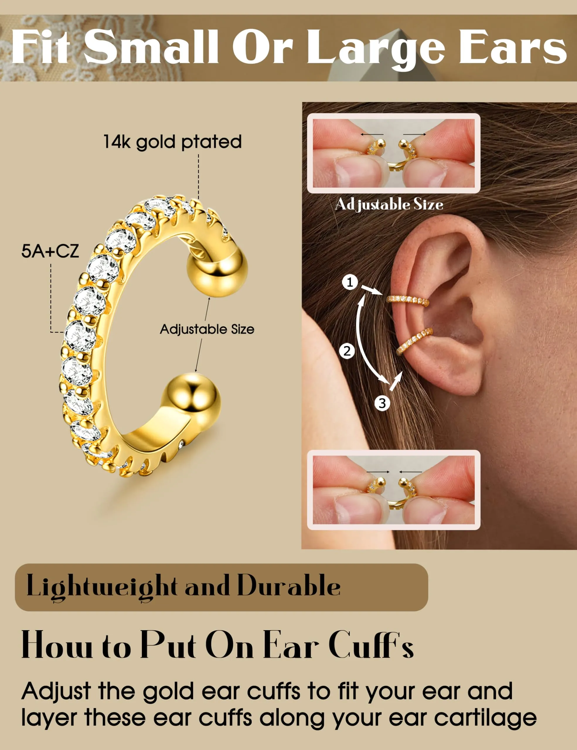 ADRAMATA Ear Cuff Orecchini Senza Buco Donna, 4 Paia Regolabili in Oro 14K e Argento, Ipoallergenici per Cartilagine con Custodia Regalo - immagine 5