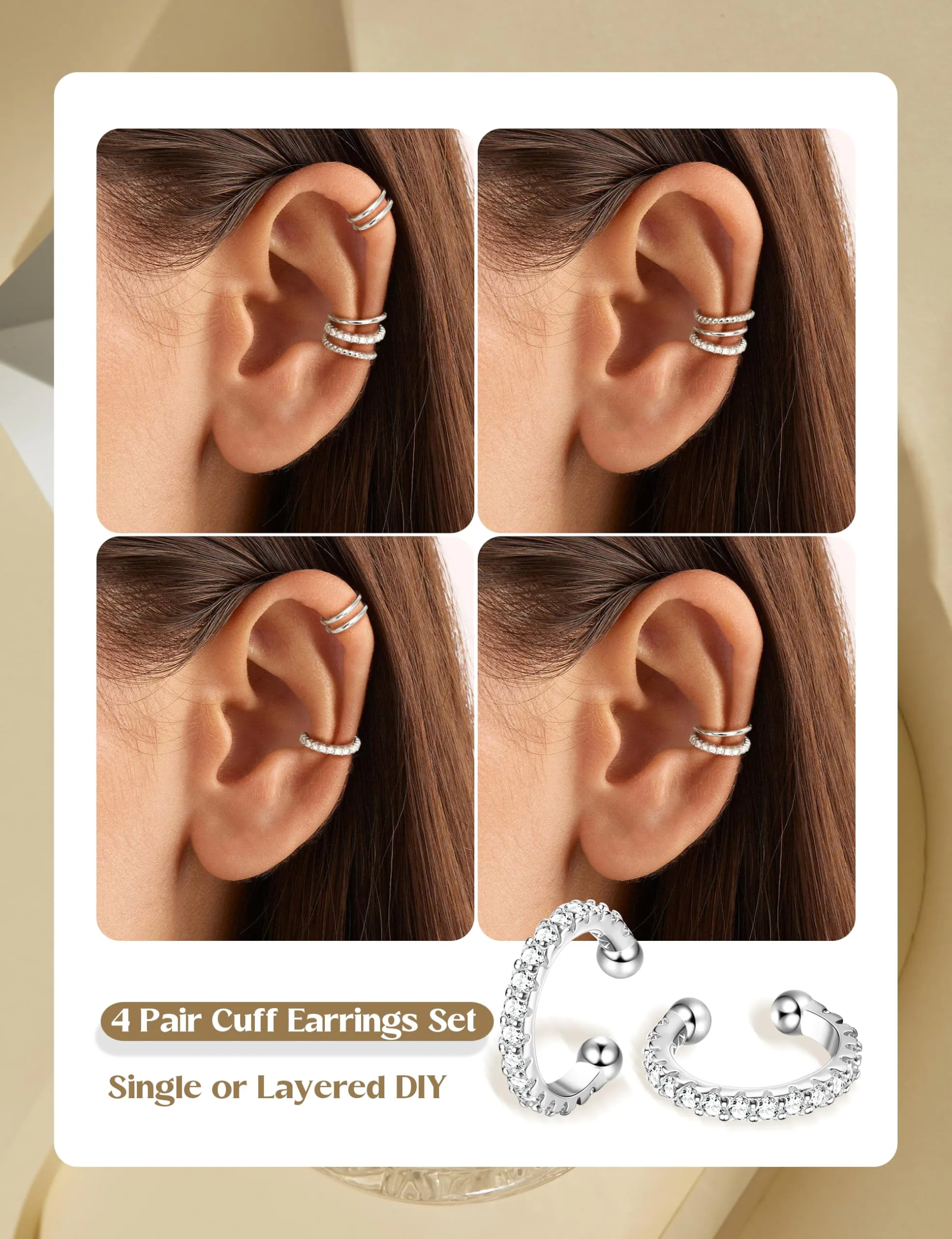ADRAMATA Ear Cuff Orecchini Senza Buco Donna, 4 Paia Regolabili Clip in Oro 14K e Argento, Ipoallergenici per Cartilagine Non Piercing con Custodia Regalo - immagine 3