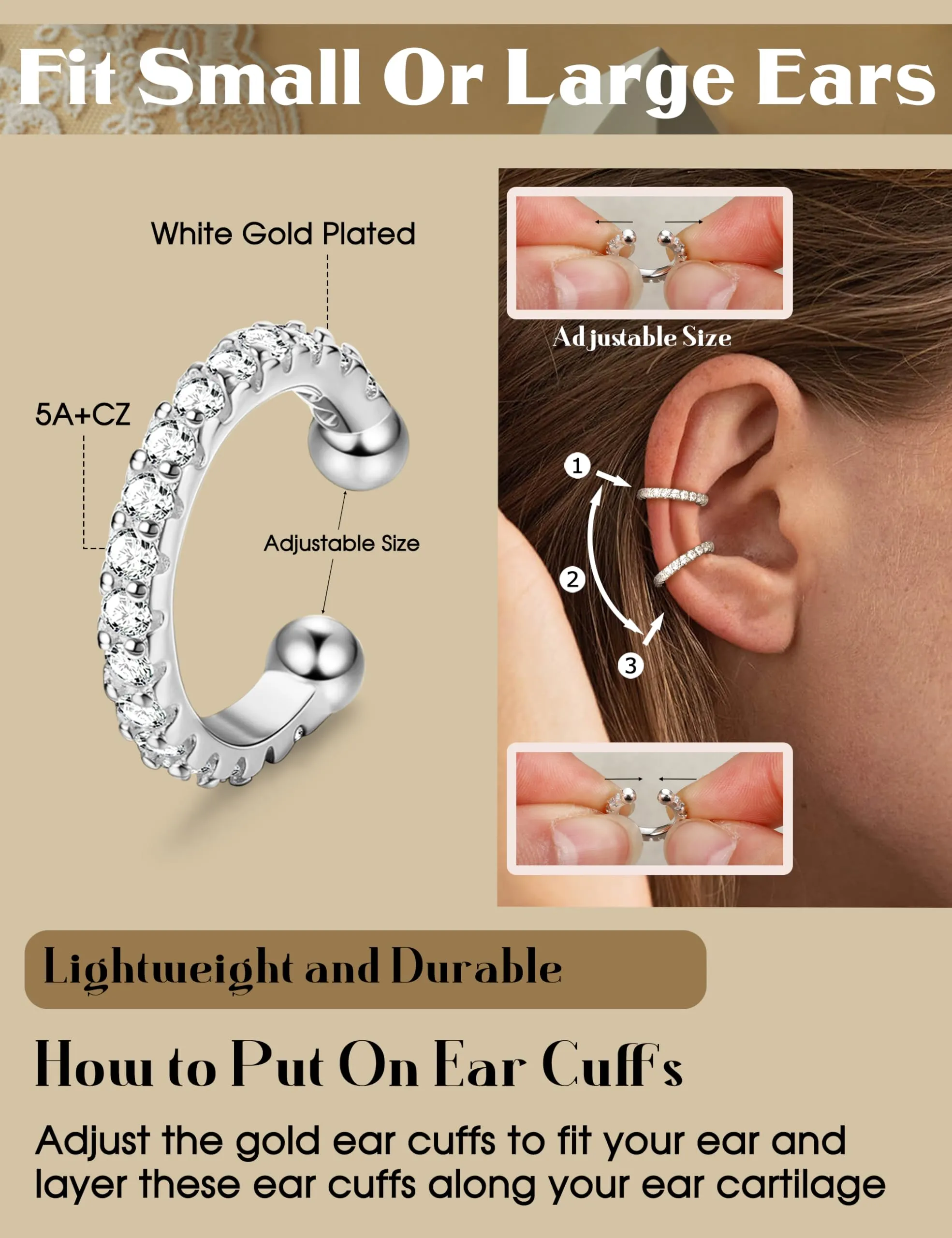 ADRAMATA Ear Cuff Orecchini Senza Buco Donna, 4 Paia Regolabili Clip in Oro 14K e Argento, Ipoallergenici per Cartilagine con Custodia Regalo - immagine 5